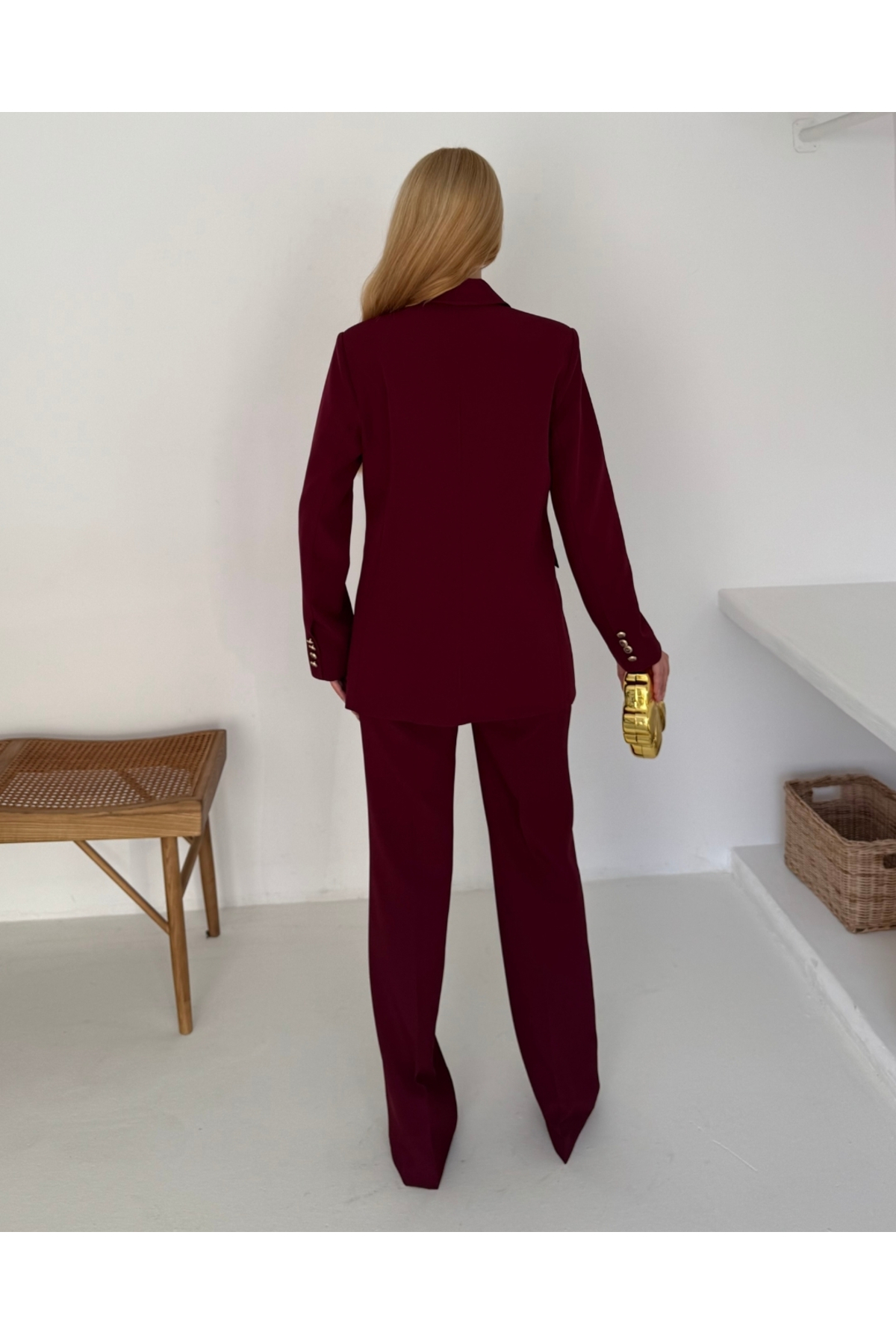 Kadın Bordo Kruvaze düğmeli Blazer Ceket Pantolon Takım