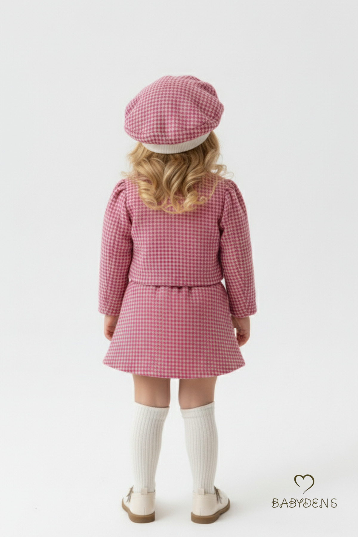 BABYDEN'S Kız Bebek Kışlık Elbise Etek Ceket Şapka Takımı,Oduncu Kumaş Baharlık 3’lü Kombin Düğme ve Fiyonklu fotoğrafı 6 (önizleme)