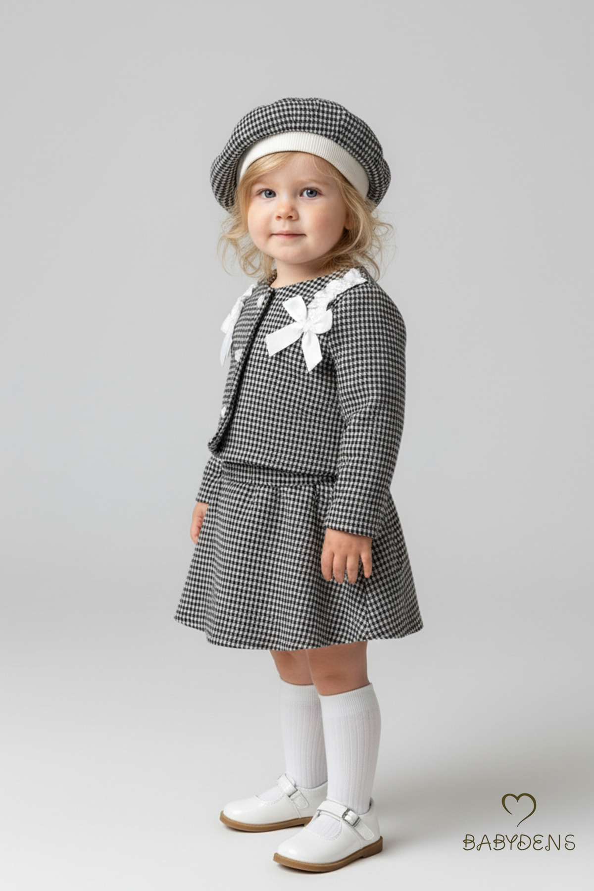 BABYDEN'S Kız Bebek Kışlık Elbise Etek Ceket Şapka Takımı,Oduncu Kumaş Baharlık 3’lü Kombin Düğme ve Fiyonklu fotoğrafı 3 (önizleme)