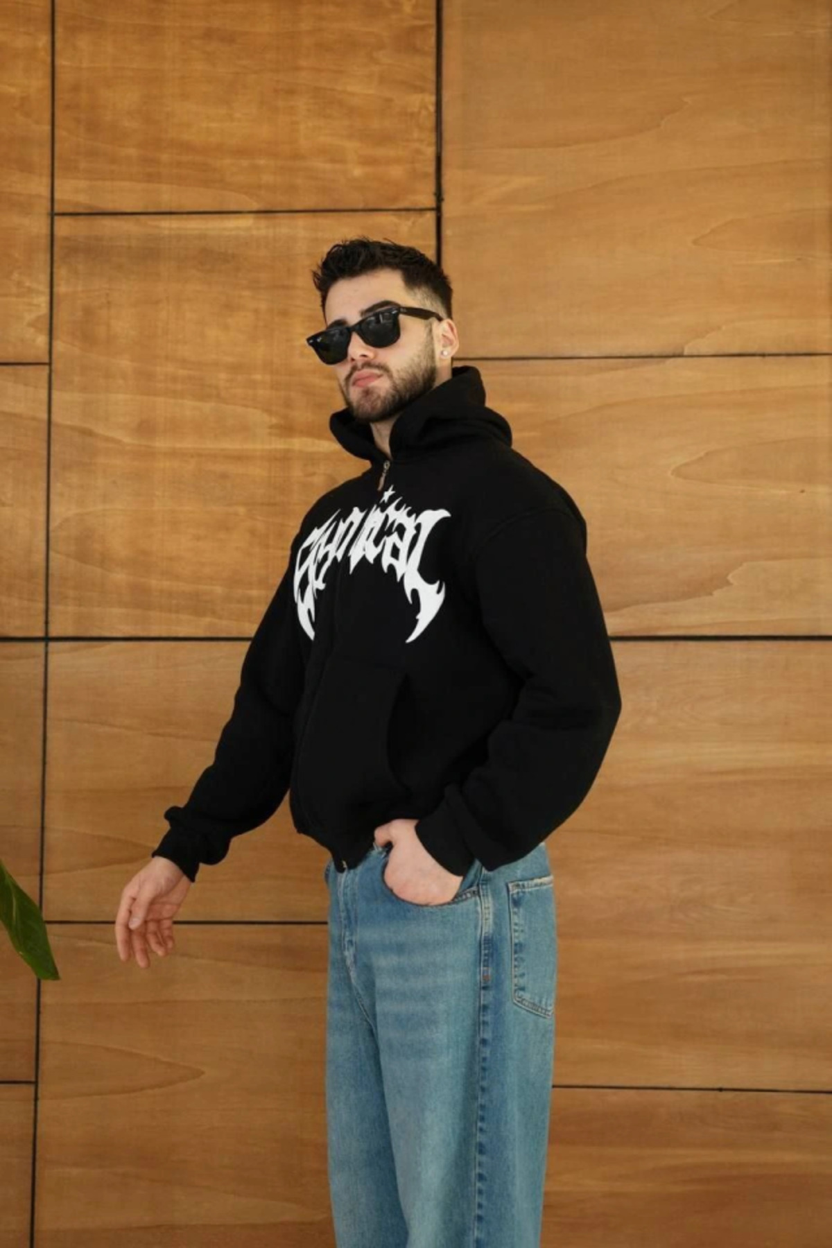 Erkek Kapüşonlu Sweatshirt Hoodie 3 İplik Şardonlu Pamuklu Kumaş, Önü Baskılı, Fermuar