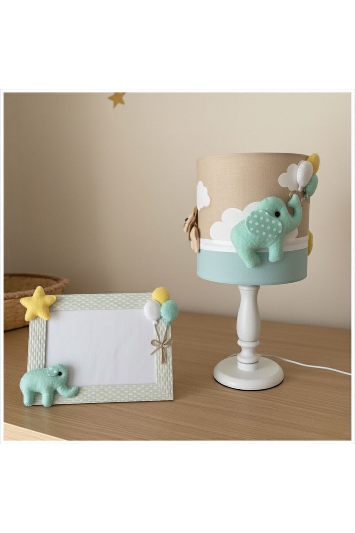 Leobabyroom Kahve Bulutlu Mint Renkli Hayvan Figürlü Bebek Odası Avize Abajur Çerçeve Dönence Tasarım Set fotoğrafı 3 (önizleme)