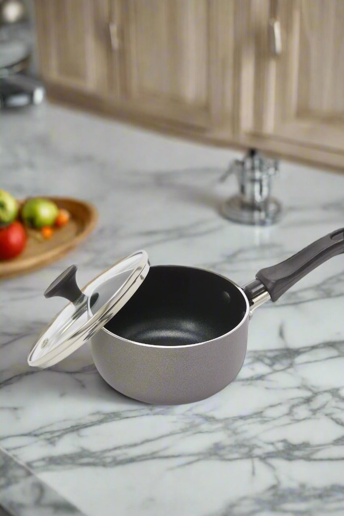 REDTAG Black Aluminum Non Stick Sauce Pan With Glass Lid (12cm)