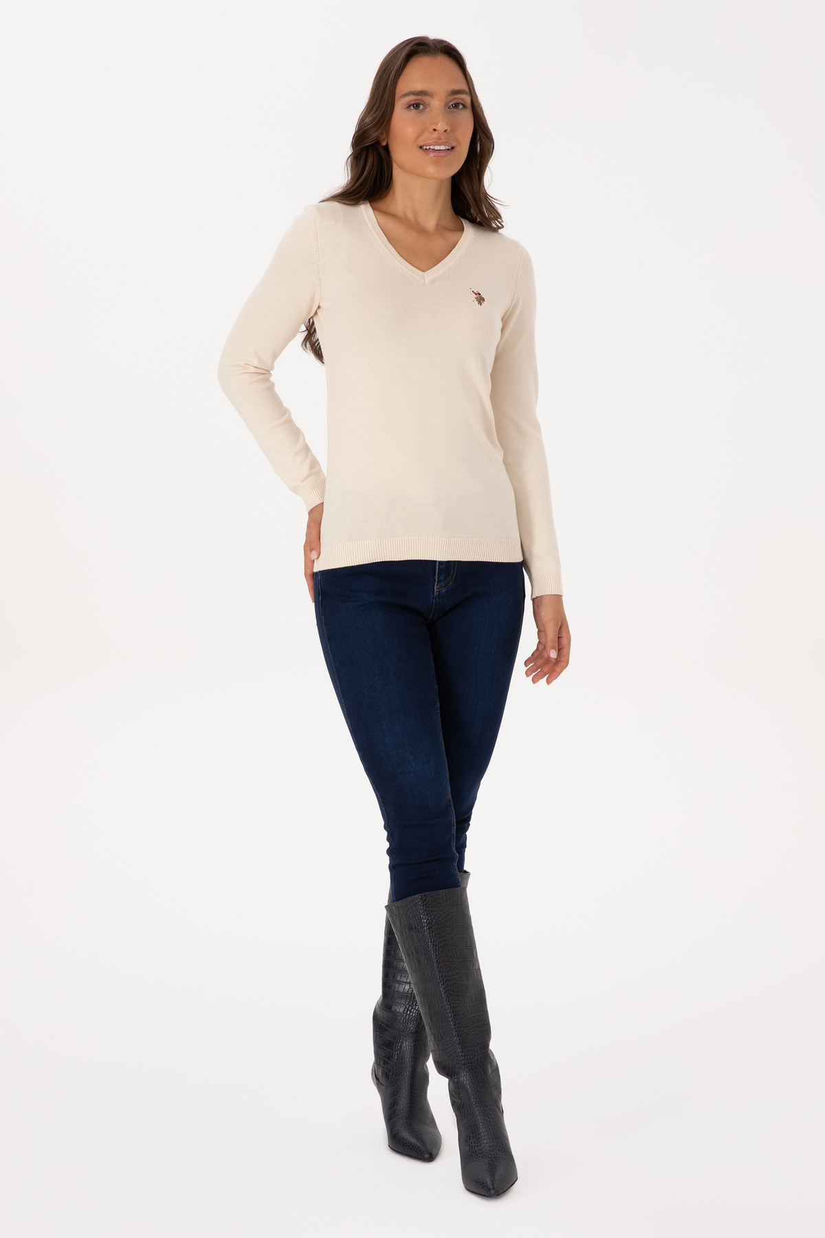 U.S. Polo Assn.  Kadın Krem V Yaka Basic Kazak 50307727-VR256 - Görsel 4