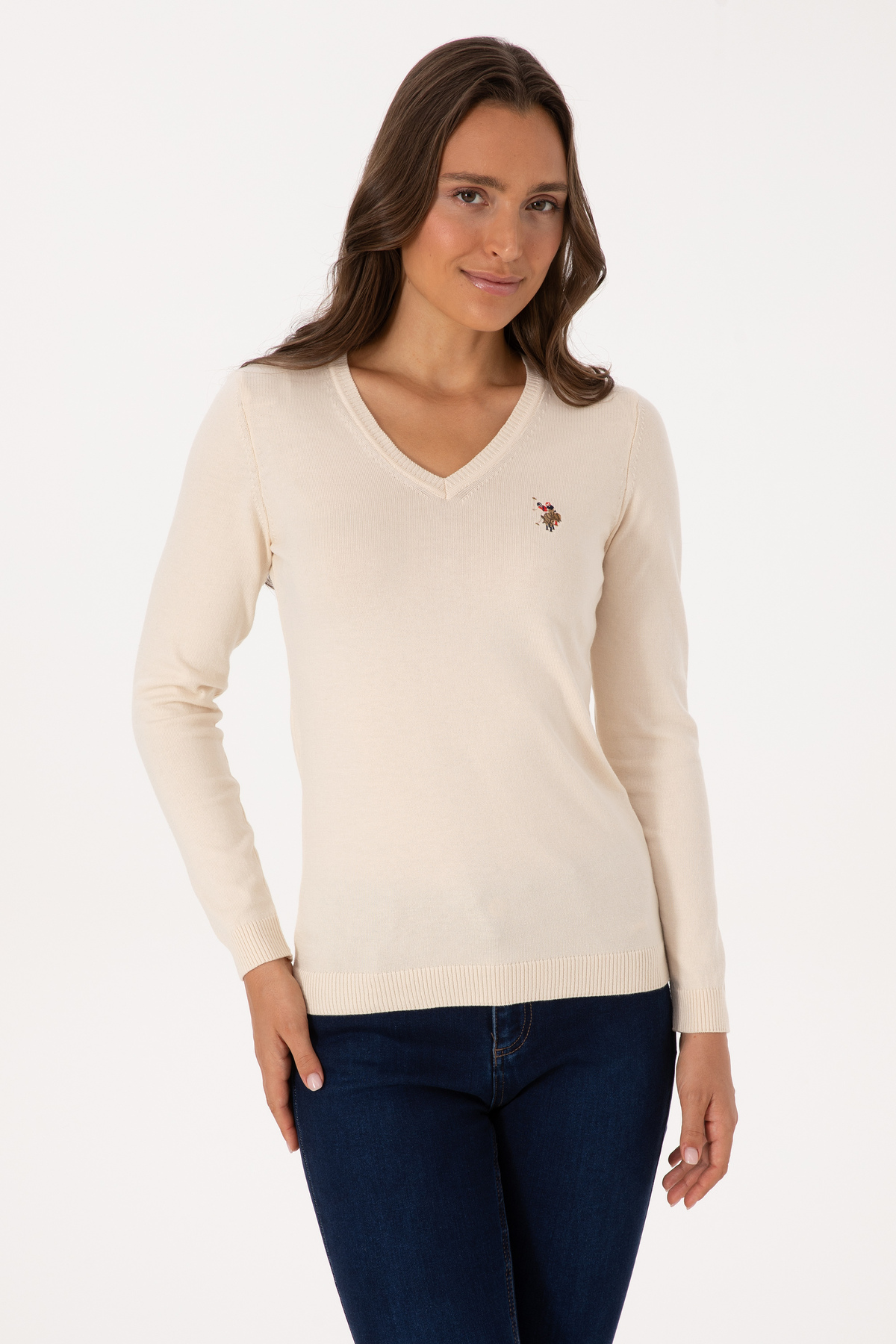 U.S. Polo Assn.  Kadın Krem V Yaka Basic Kazak 50307727-VR256