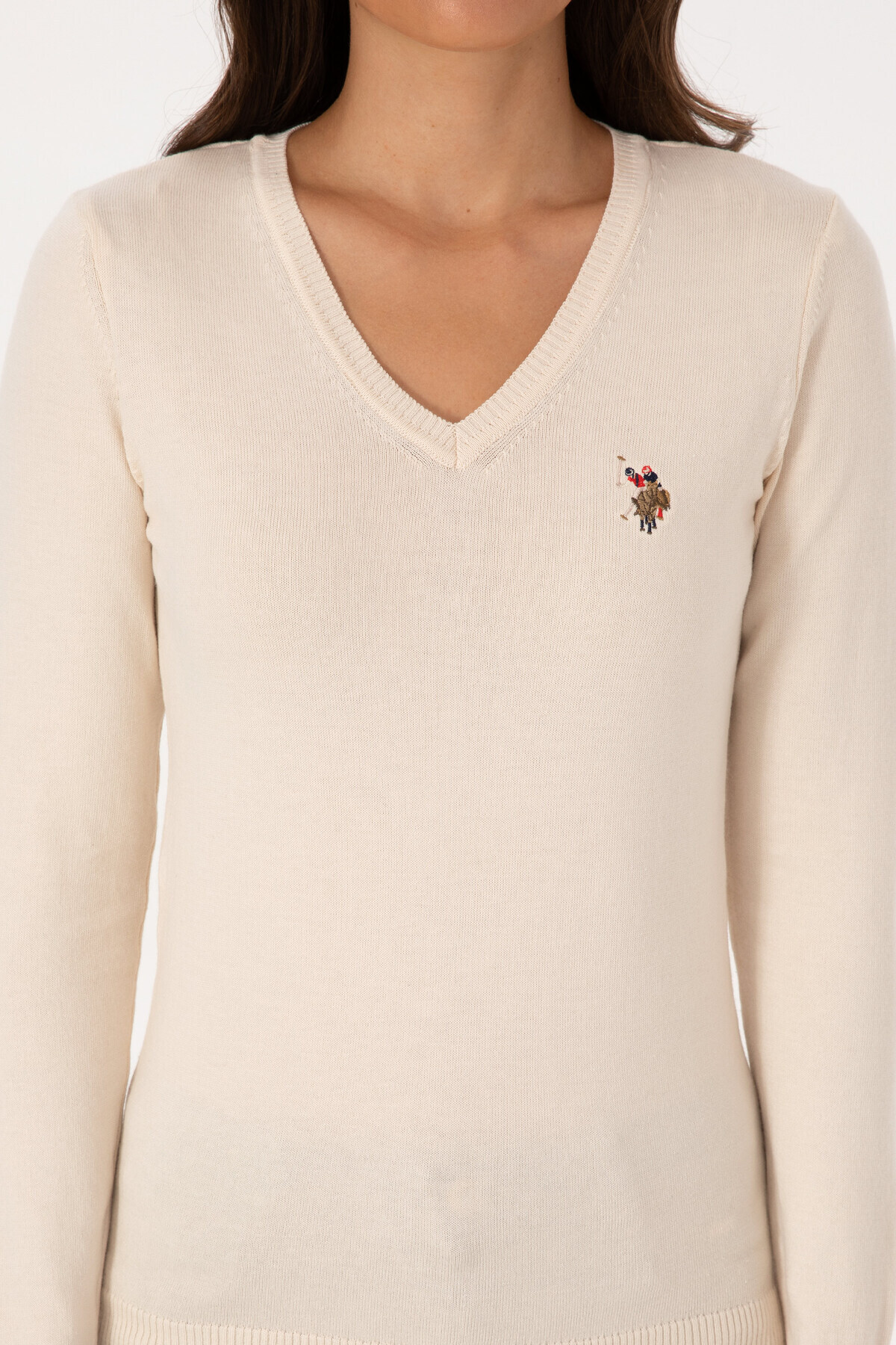 U.S. Polo Assn.  Kadın Krem V Yaka Basic Kazak 50307727-VR256 - Görsel 6