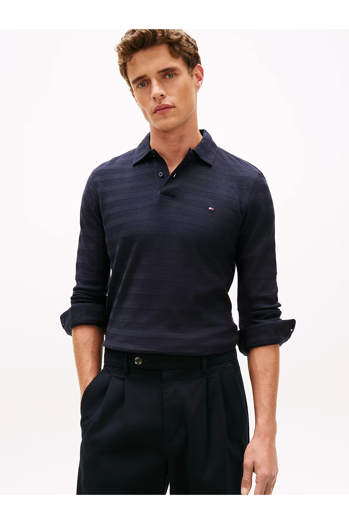 تامی هیلفیگر تی شرت مردانه یقه گرد طرح هرینگبون طرح ژاکارد نخی خالص، آستین بلند، سرمه‌ای، MW0MW40292-DW5