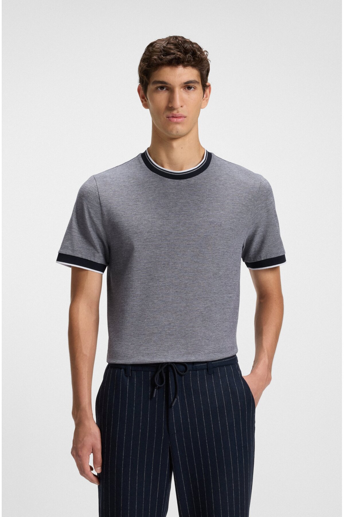 باس تی‌شرت مردانه طرح راه راه معمولی، یقه گرد، آستین کوتاه، ۱۰۰٪ پنبه، کد ۵۰۵۴۹۲۱۰-۴۰۴