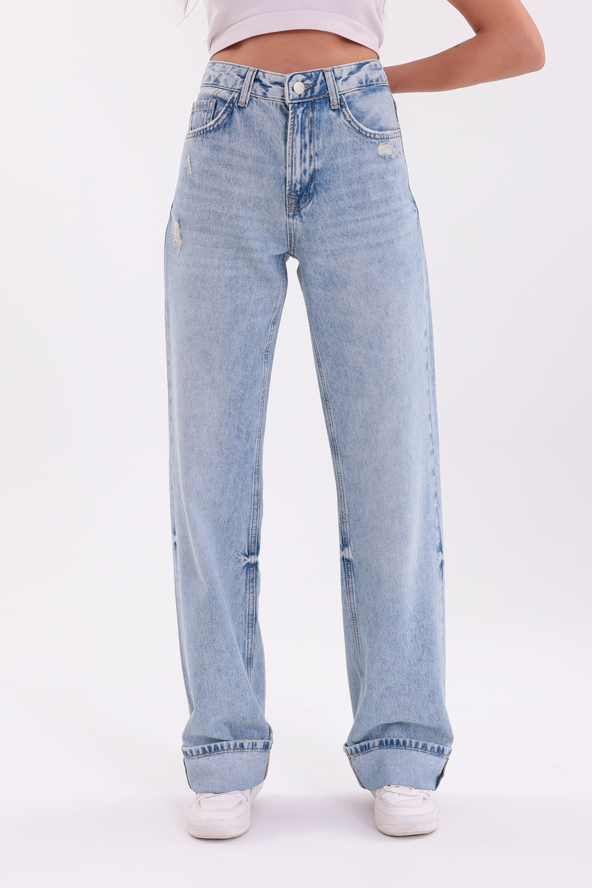 Darkly Jeans Kadın Açık Mavi Yüksek Bel Straight Fit Wide Leg Pantolon görsel 4