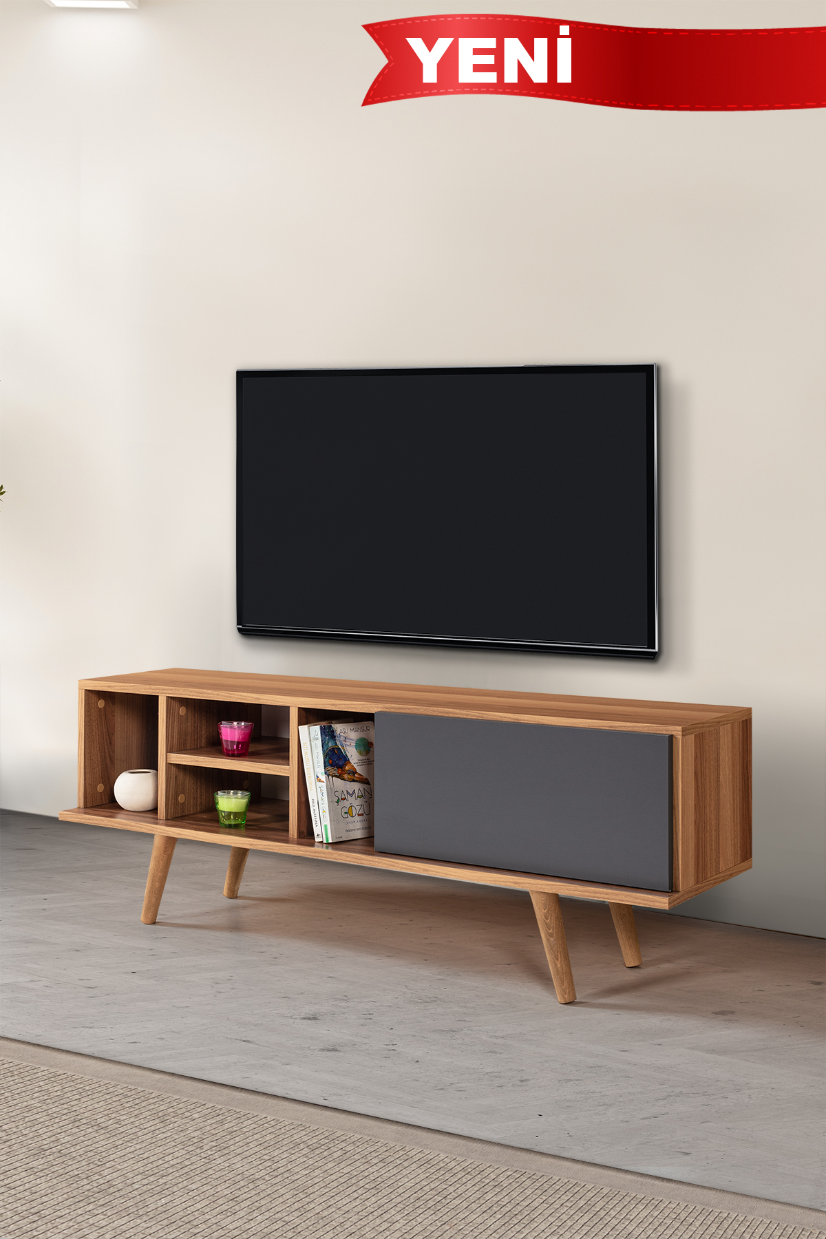 3331 ELA 130 Cm (WITH WOODEN LEGS ) TV Unit , Willow-Anthracite, TV Stand , Living Room, Living Room