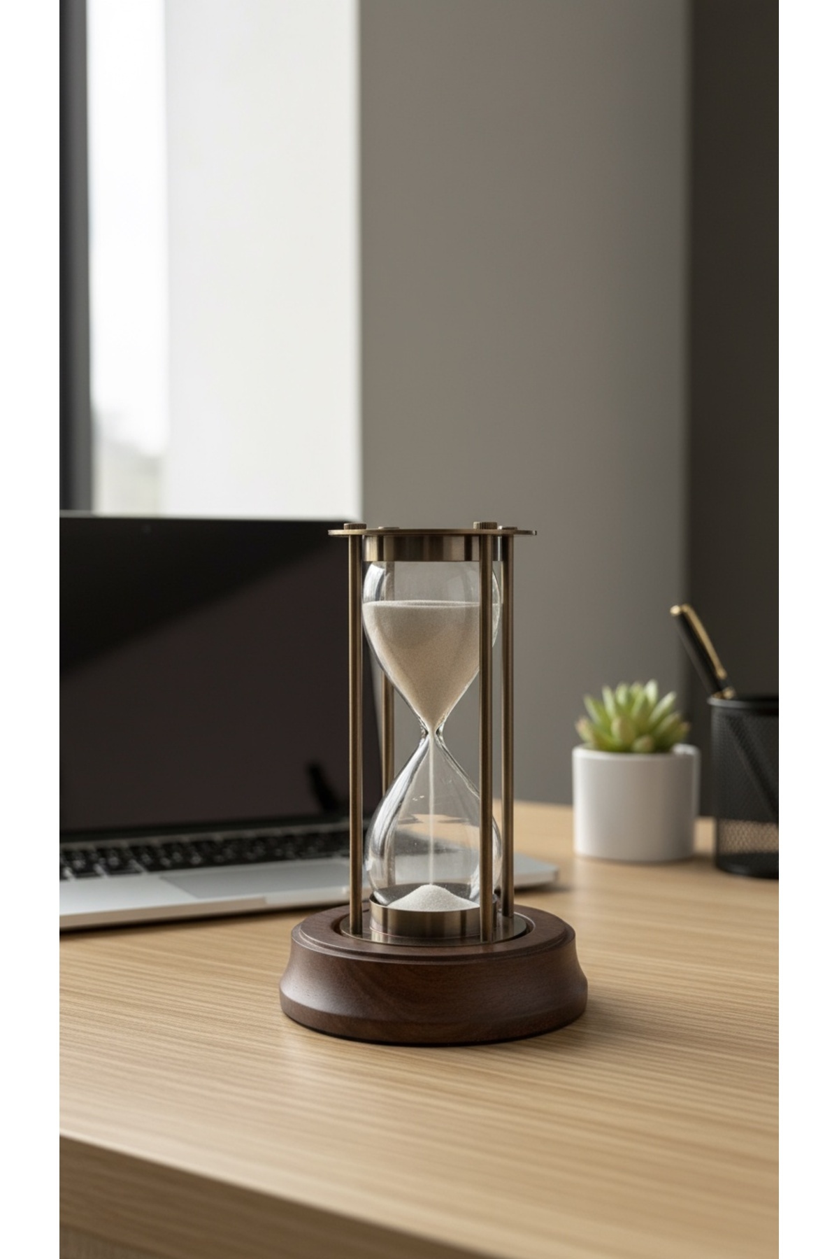 EVLE Ahşap Kaideli Kum Saati 14.5 cm Eskitme Metal Beyaz Kumlu Lüks Dekoratif Masaüstü Ofis Hediyelik