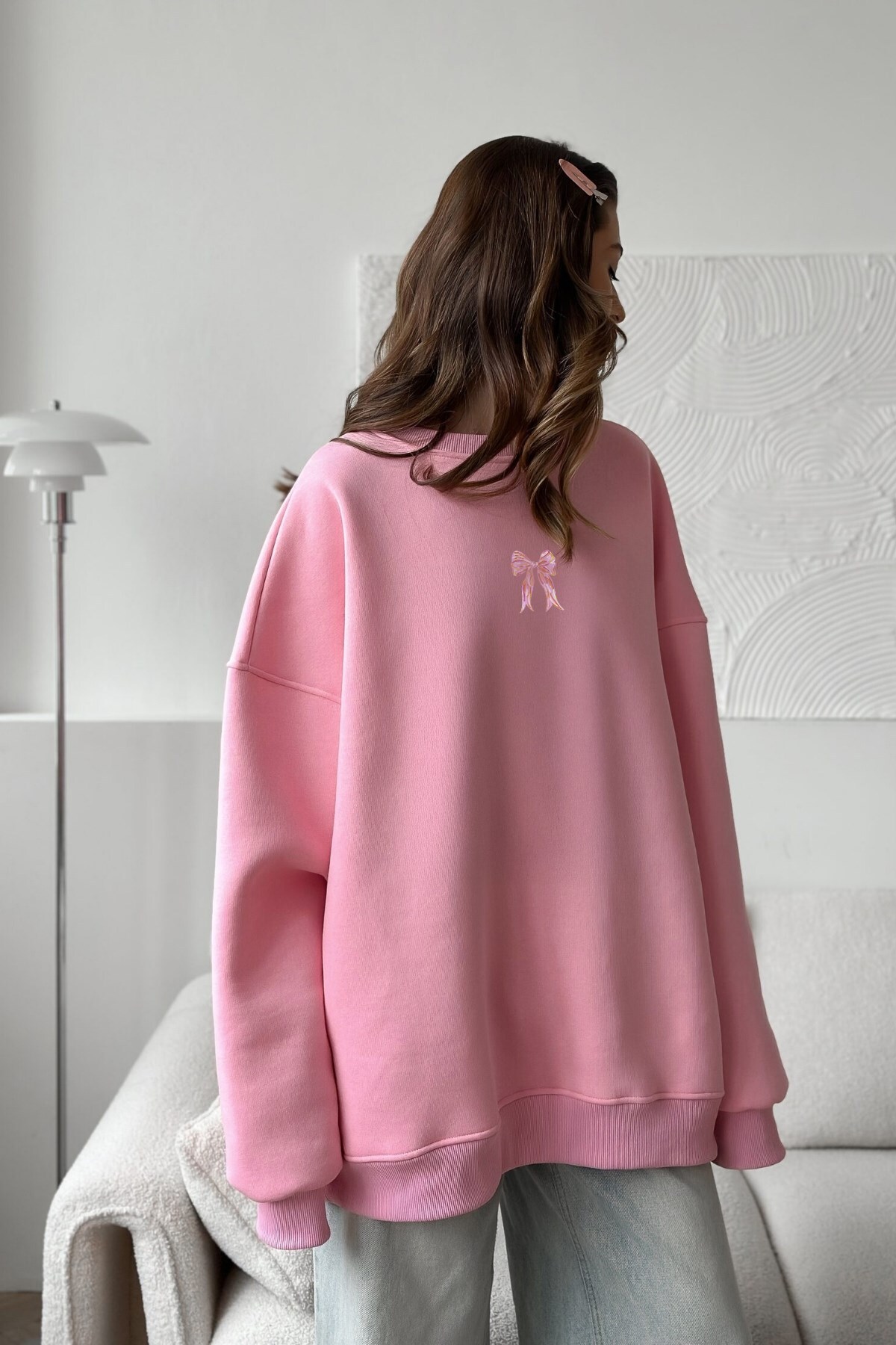 The Champ Clothing  Kadın Oversize Sweat Elbise Pembe Kurdele Baskılı Pembe – Bisiklet Yaka, 3 İplik Şardonlu Polar - Görsel 2