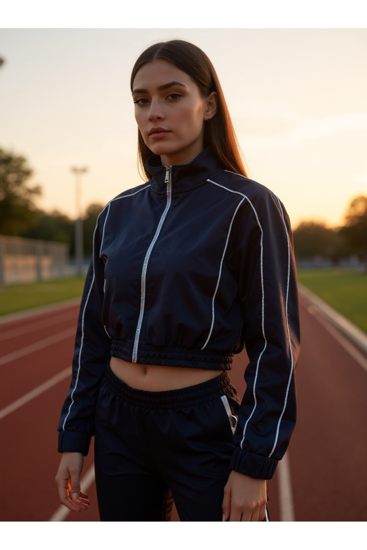coast moda Kadın Şeritli Modal Muadil Beli Lastikli Fermuarlı Sweatshirt görsel 3