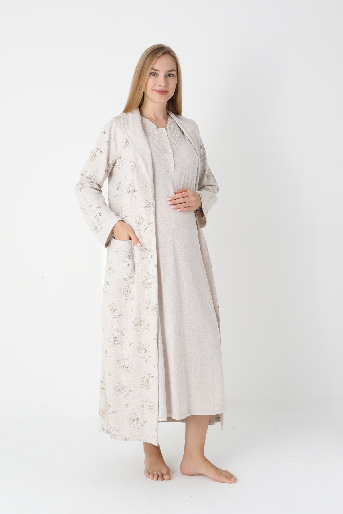 ERDENİZ TEKSTİL Çiçek Desenli Sabahlıklı,Pamuklu,Lohusa-Hamile Gecelik 2'li Takım