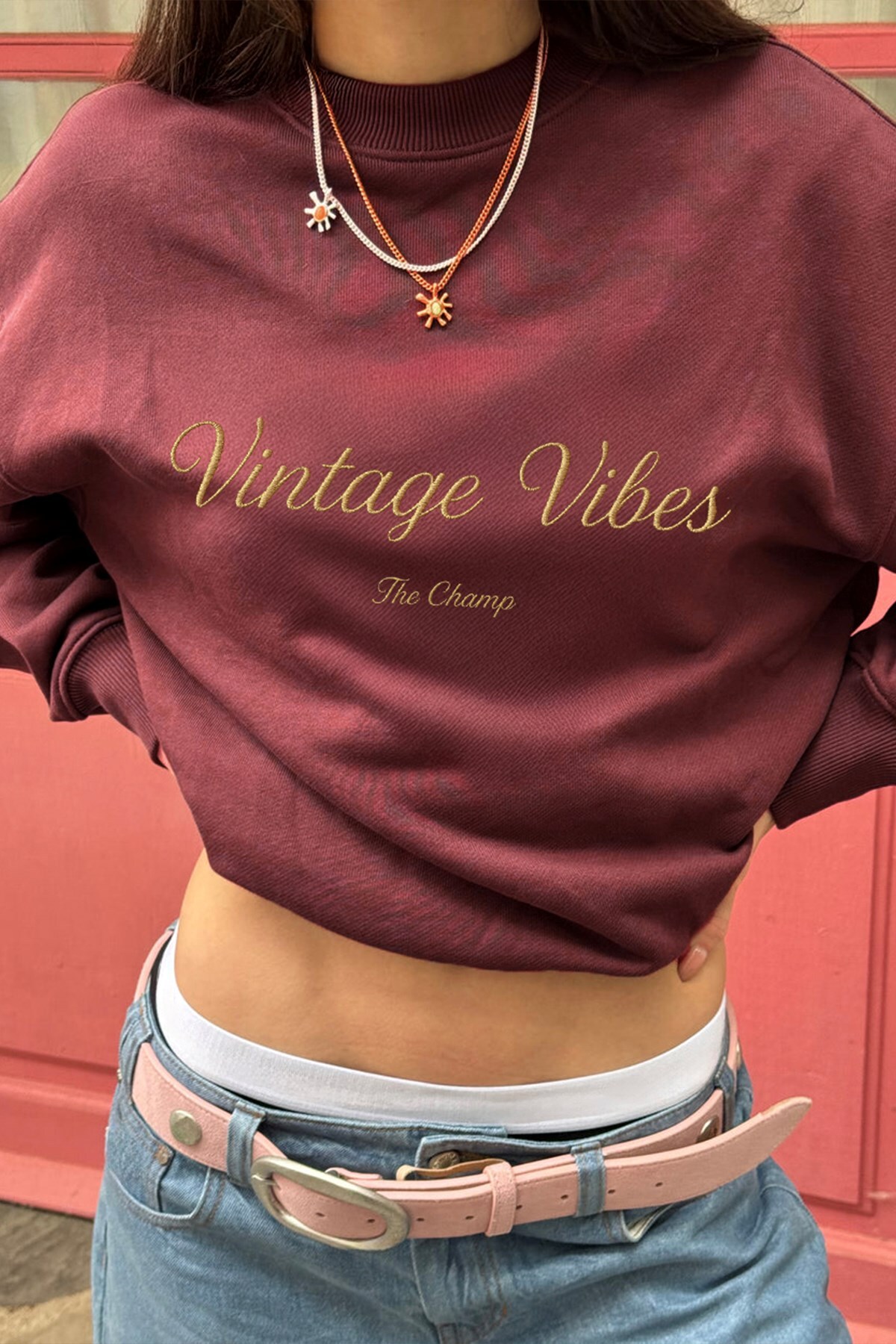 The Champ Clothing Kadın Oversize Sweatshirt Vintage Vibes Baskılı Bordo, Bisiklet Yaka, 3 İplik Şardonlu görsel 4