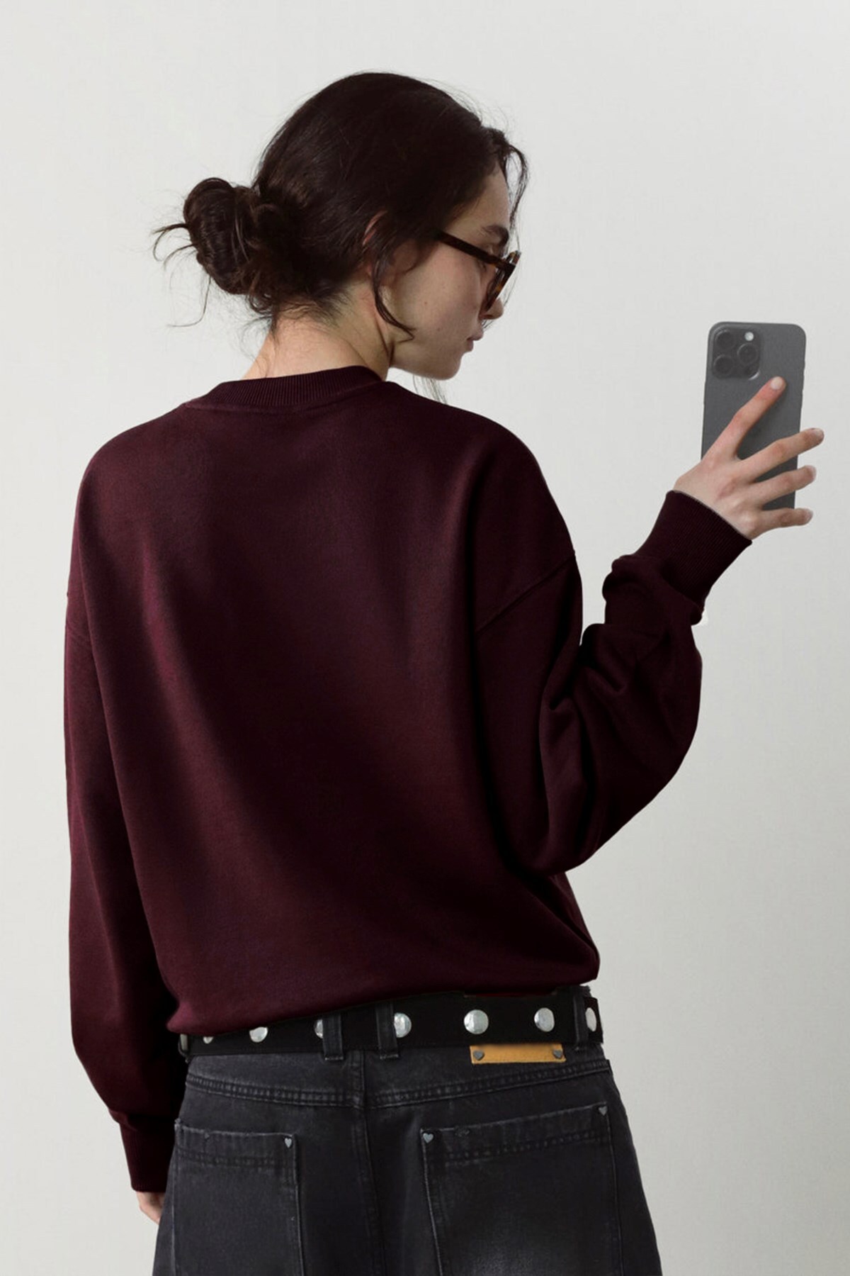 The Champ Clothing Kadın Oversize Sweatshirt Vintage Vibes Baskılı Bordo, Bisiklet Yaka, 3 İplik Şardonlu görsel 3