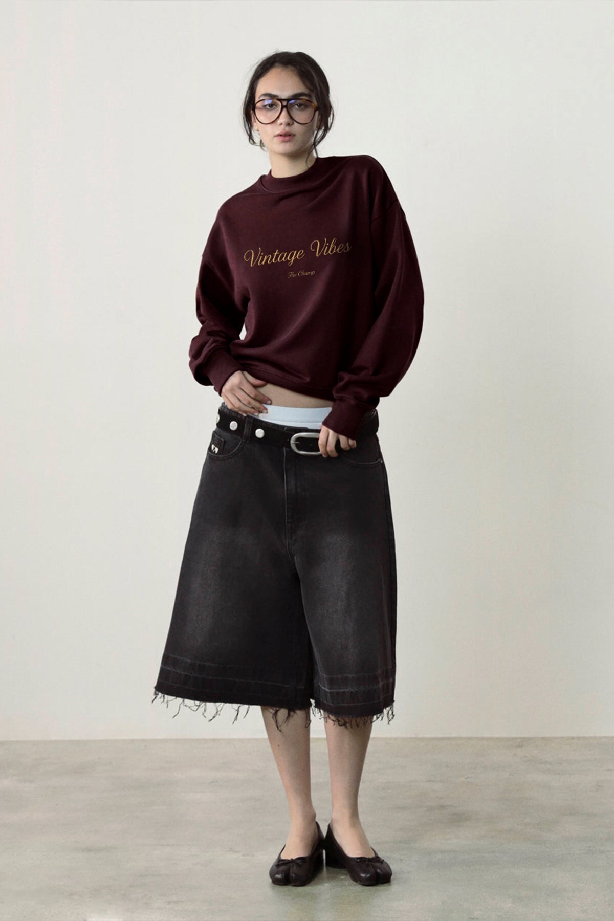 The Champ Clothing Kadın Oversize Sweatshirt Vintage Vibes Baskılı Bordo, Bisiklet Yaka, 3 İplik Şardonlu görsel 2
