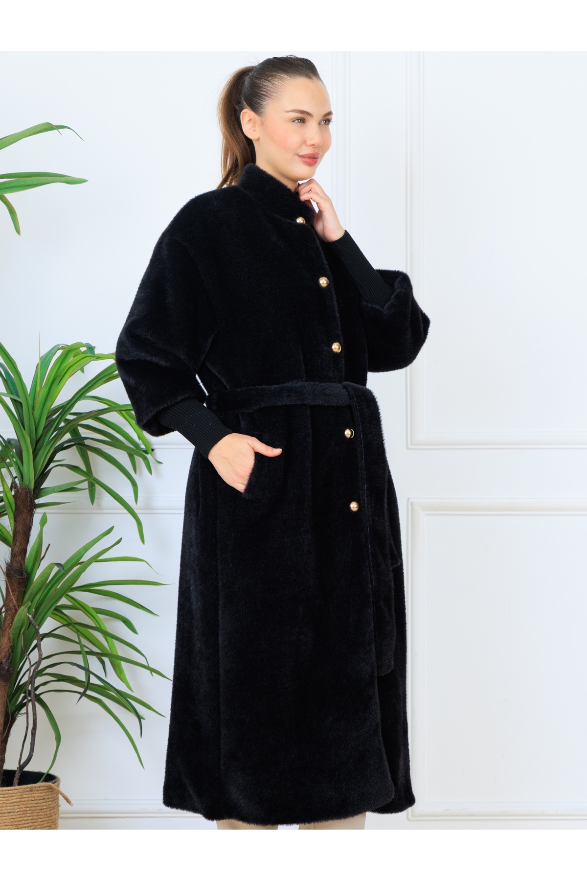 Elony Fashion  Kadın Gizli Çıtçıtlı Süs Düğmeli Kolları Kaşkorseli Kuşaklı Kaban - Görsel 7