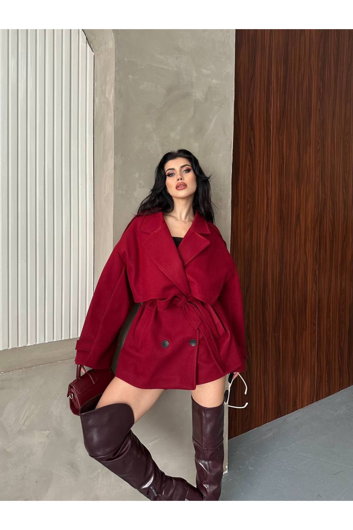 zoezoe Yeni Sezon Trend Kaşe Mont Kaban kemerli görsel 4