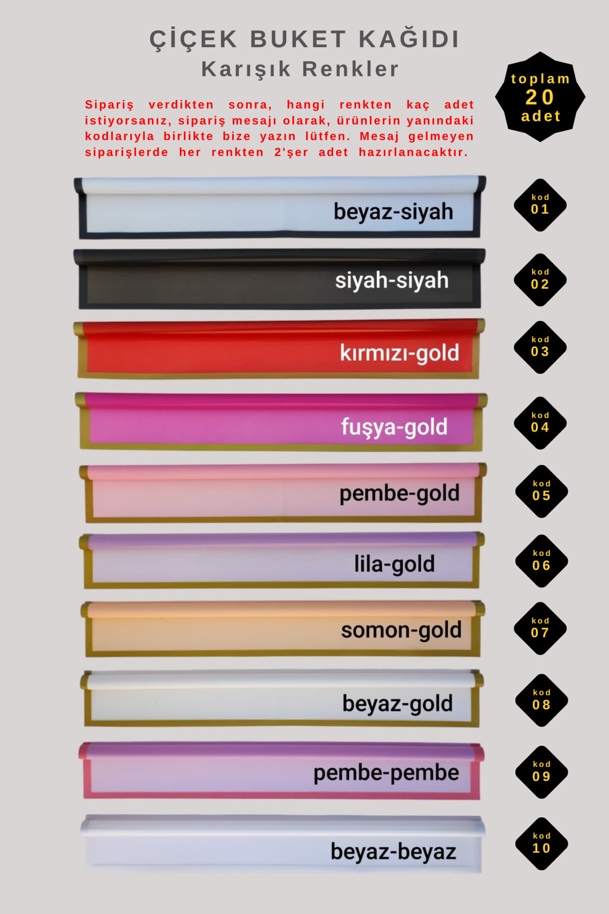 COLORPAK Karışık Renklerde Çiçek Sarma Kağıdı / Buket Ambalajı 55x55cm 20 adet