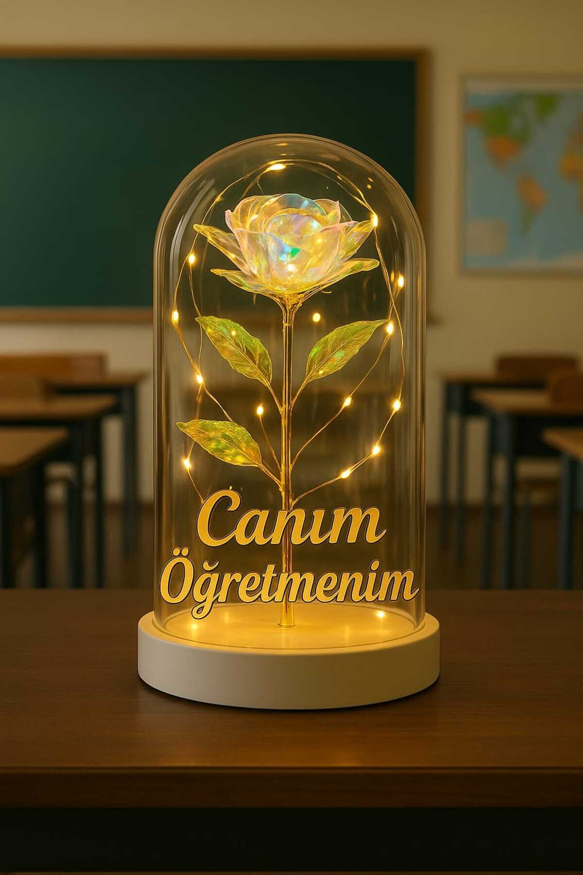 etxShop Canım Öğretmenim Yazılı Led Işıklı Solmayan Güllü Gece Lambası Fanus Dekor Süs Öğretmene Hediye