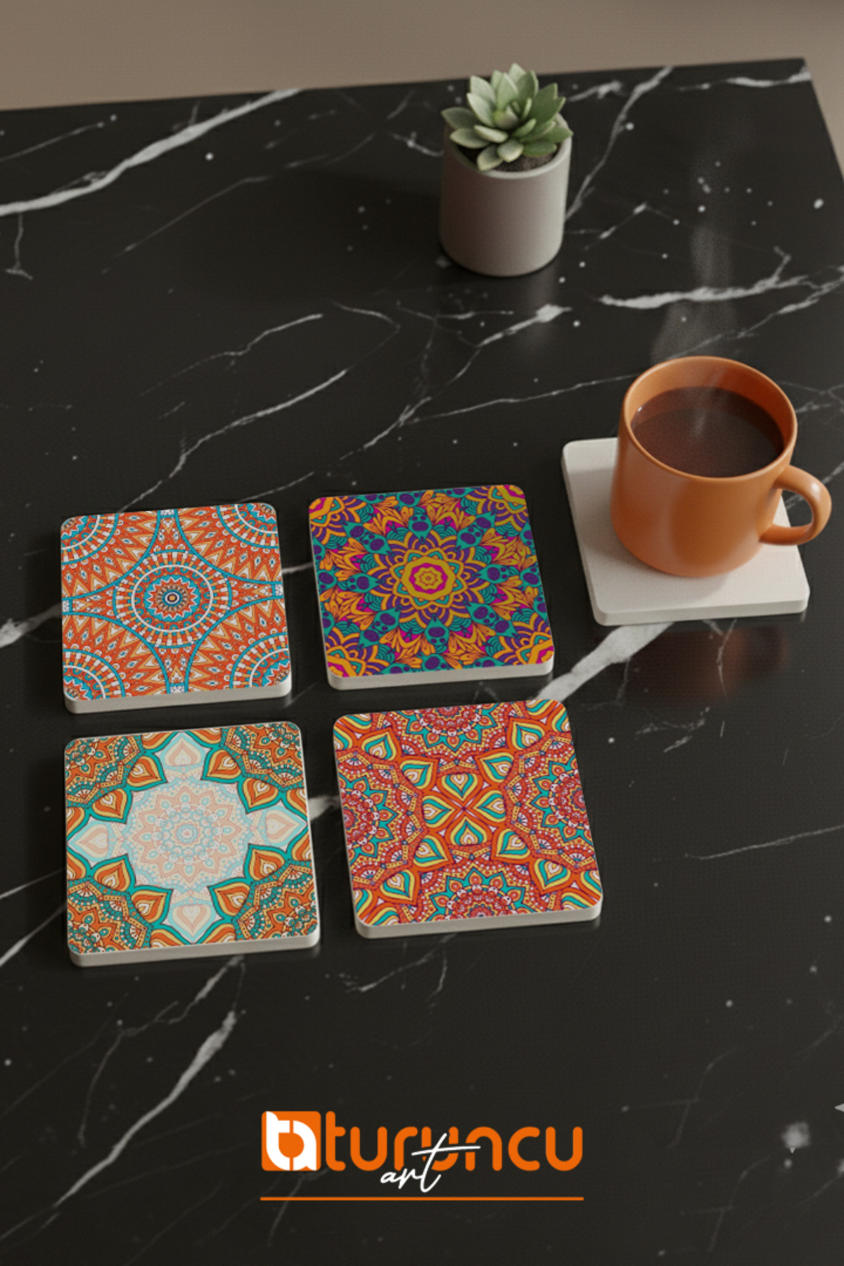 Mandala Sanatı Serisi Doğal Taş Bardak Altlığı Seti, Ev ve Ofis Kullanımı 10x10cm