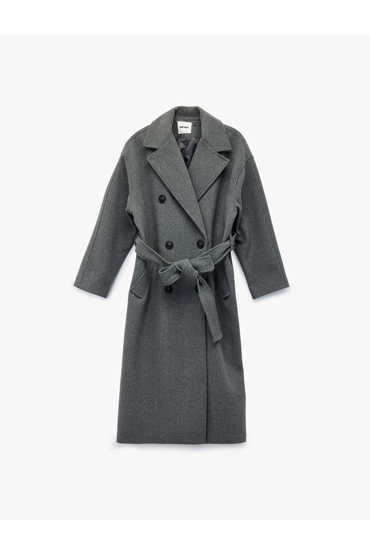 Koton Uzun Kollu Düğmeli Cepli Kruvaze Uzun Kemerli Kaşe Kaban