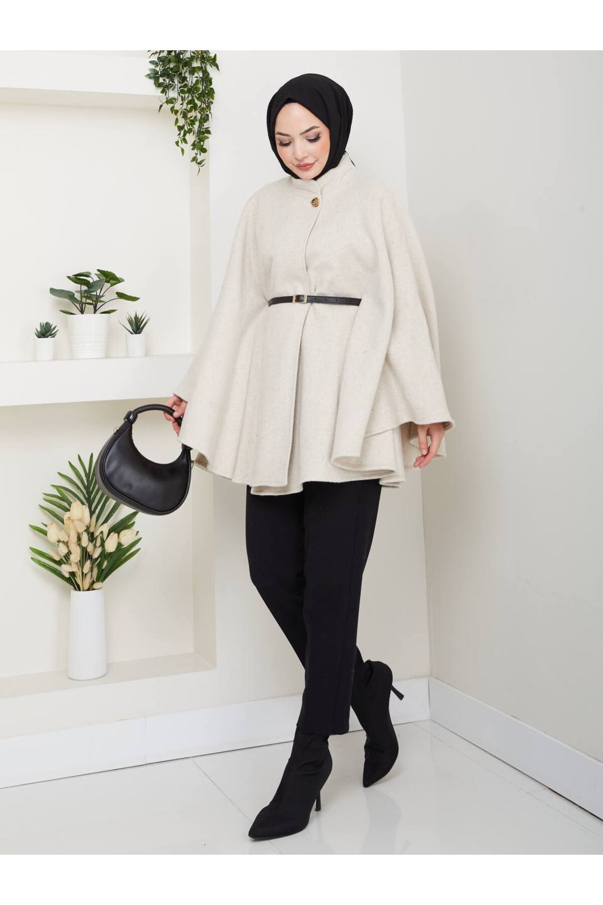 FERHEL Kadın Dik Yaka Oversize Uzun İthal Kaşe Panço 38/46 beden