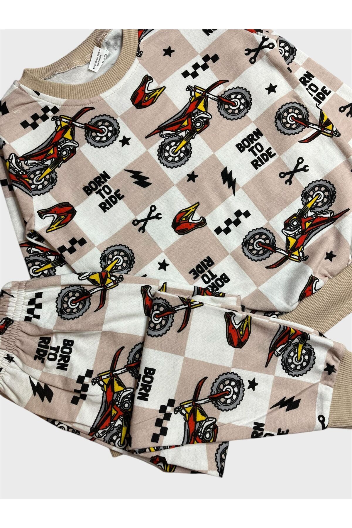 ALİŞ KİDS Erkek Çocuk Pamuklu Şardonlu Bej Rengi Motor Desenli Uzun Kollu Kışlık Pijama Takımı fotoğrafı 3 (önizleme)