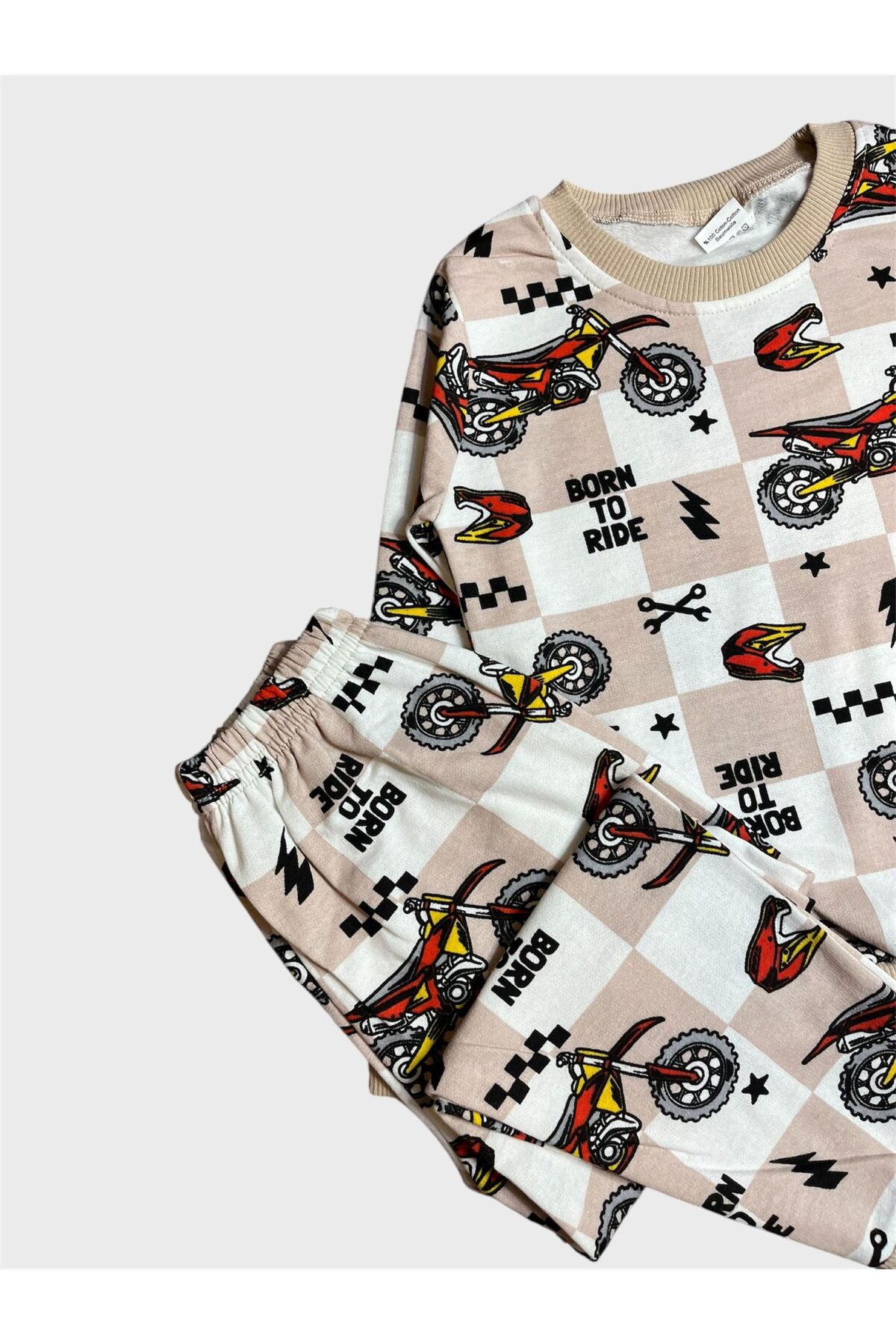 ALİŞ KİDS Erkek Çocuk Pamuklu Şardonlu Bej Rengi Motor Desenli Uzun Kollu Kışlık Pijama Takımı fotoğrafı 2 (önizleme)
