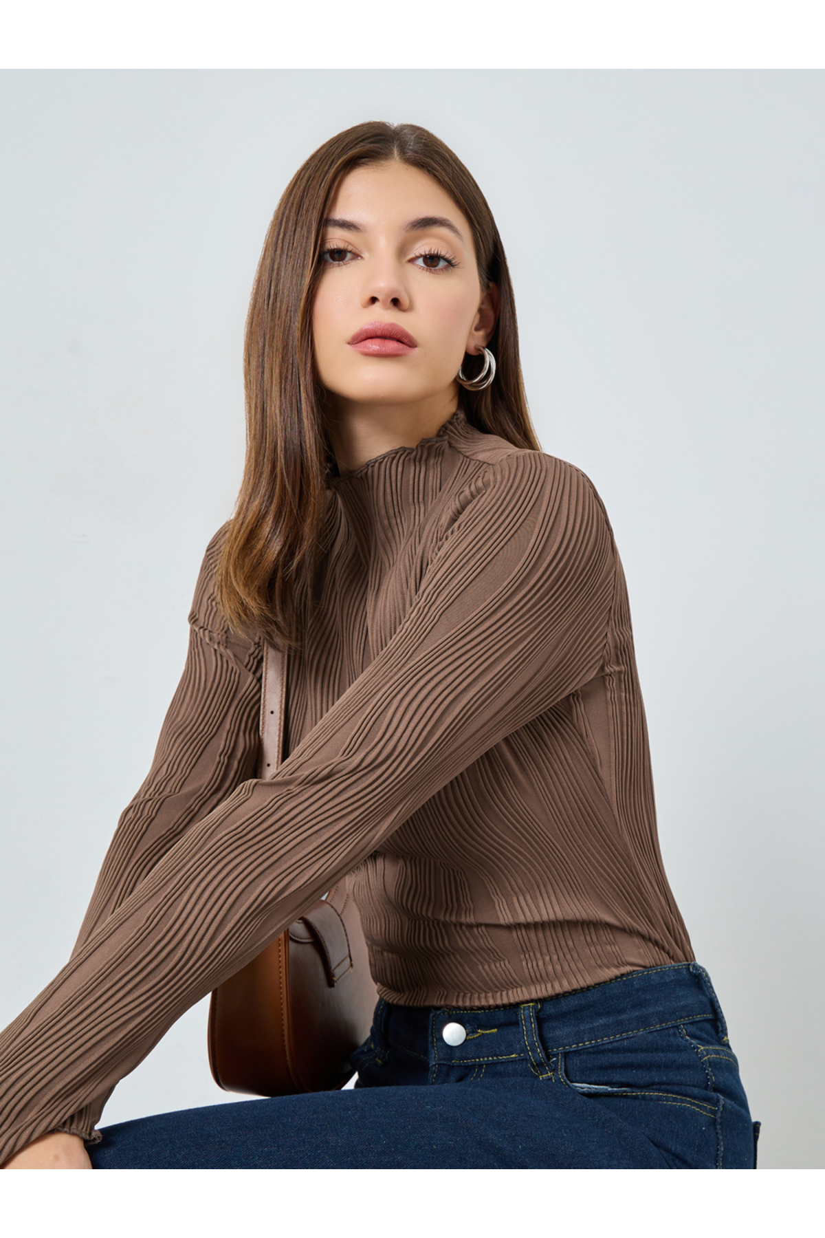 Styli Brown Ribbed Knit Long Sleeve Top