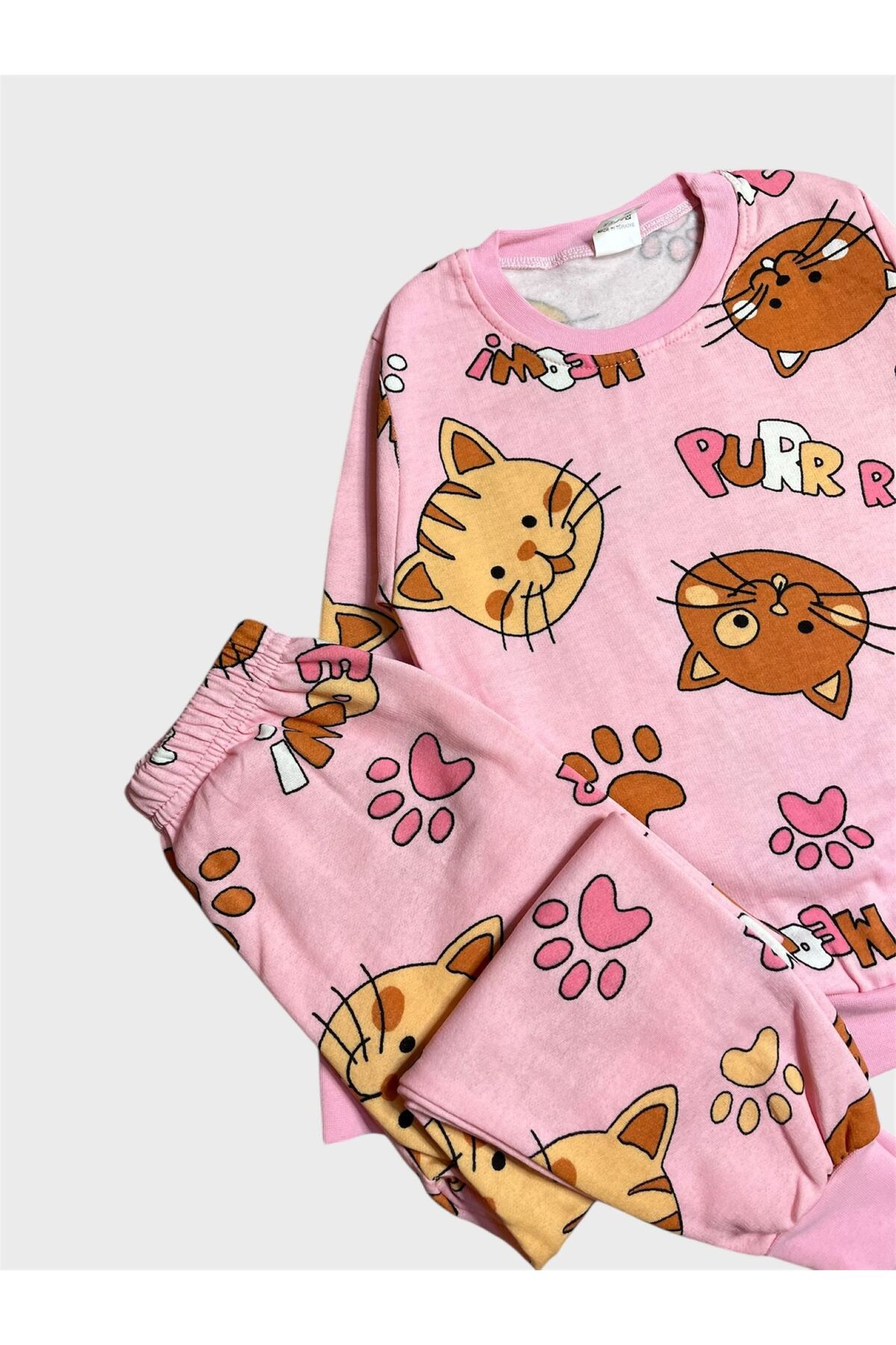 ALİŞ KİDS Kız Çocuk Pamuklu Şardonlu Pembe Kedi Desenli Uzun Kollu Kışlık Pijama Takımı fotoğrafı 3 (önizleme)