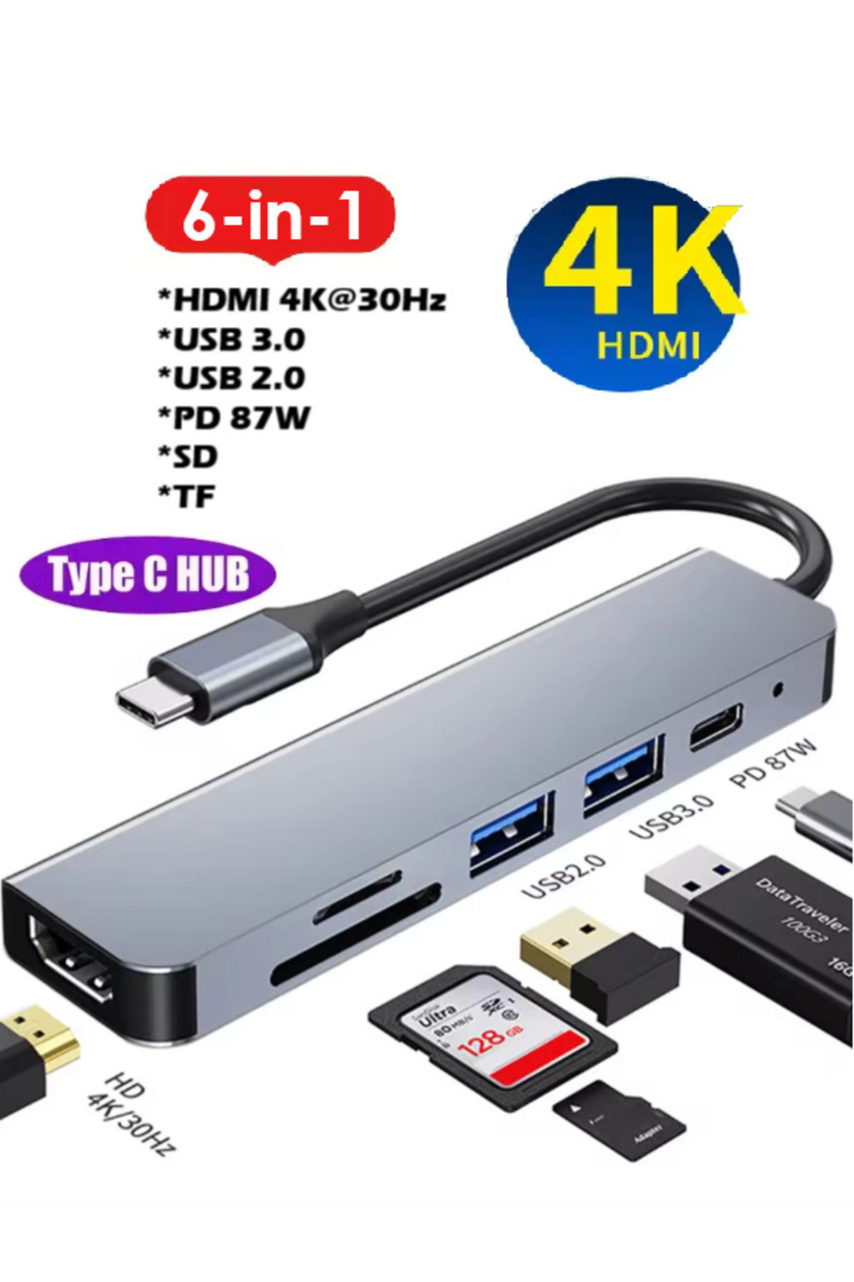 Vwin 6 in 1 Çevirici Çoğaltıcı Type-C Hub PC Tablet Tel 4K HDMI USB 3.0/2.0 SD TF Kart Okuyucu