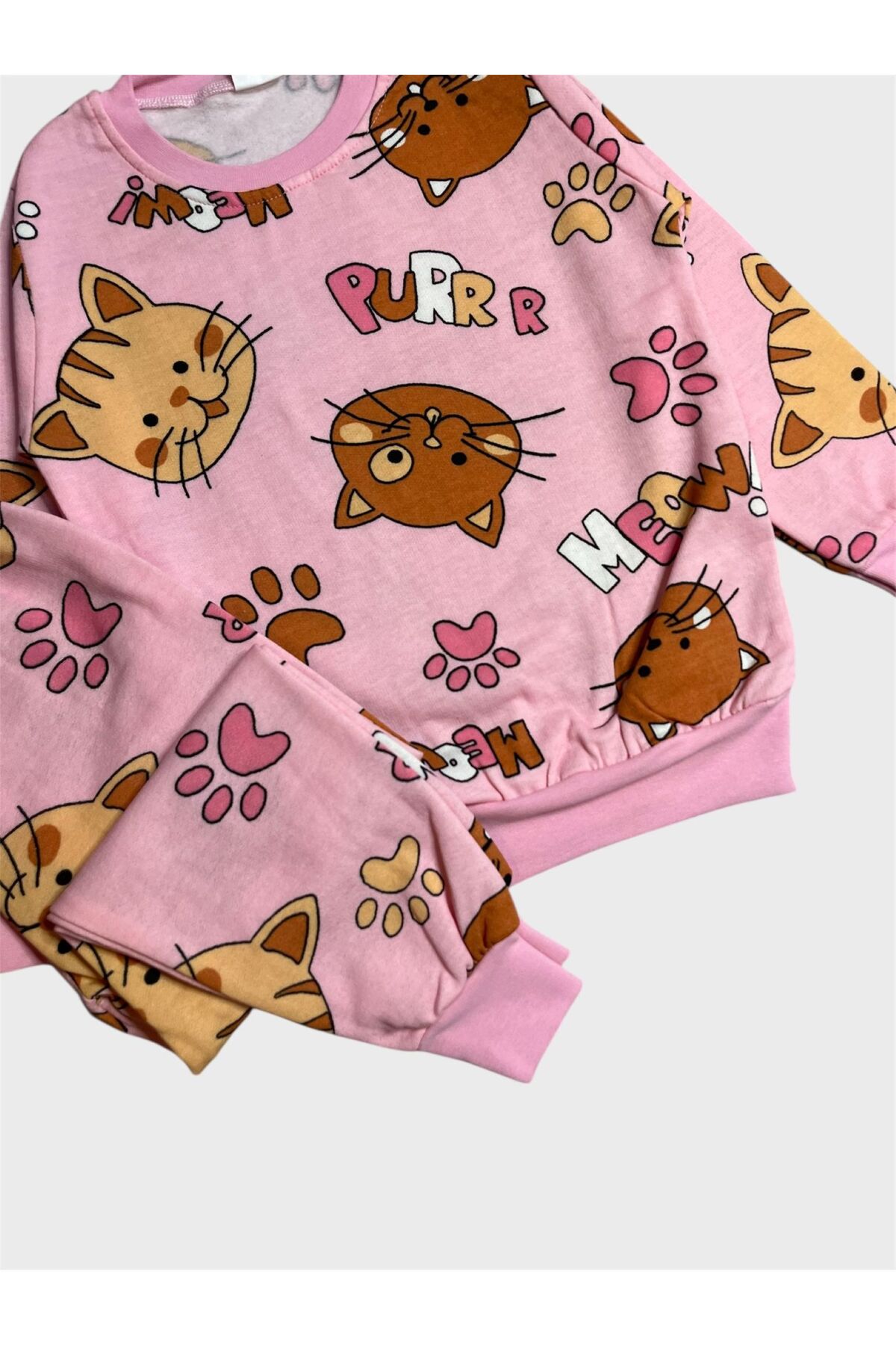 ALİŞ KİDS Kız Çocuk Pamuklu Şardonlu Pembe Kedi Desenli Uzun Kollu Kışlık Pijama Takımı fotoğrafı 2 (önizleme)