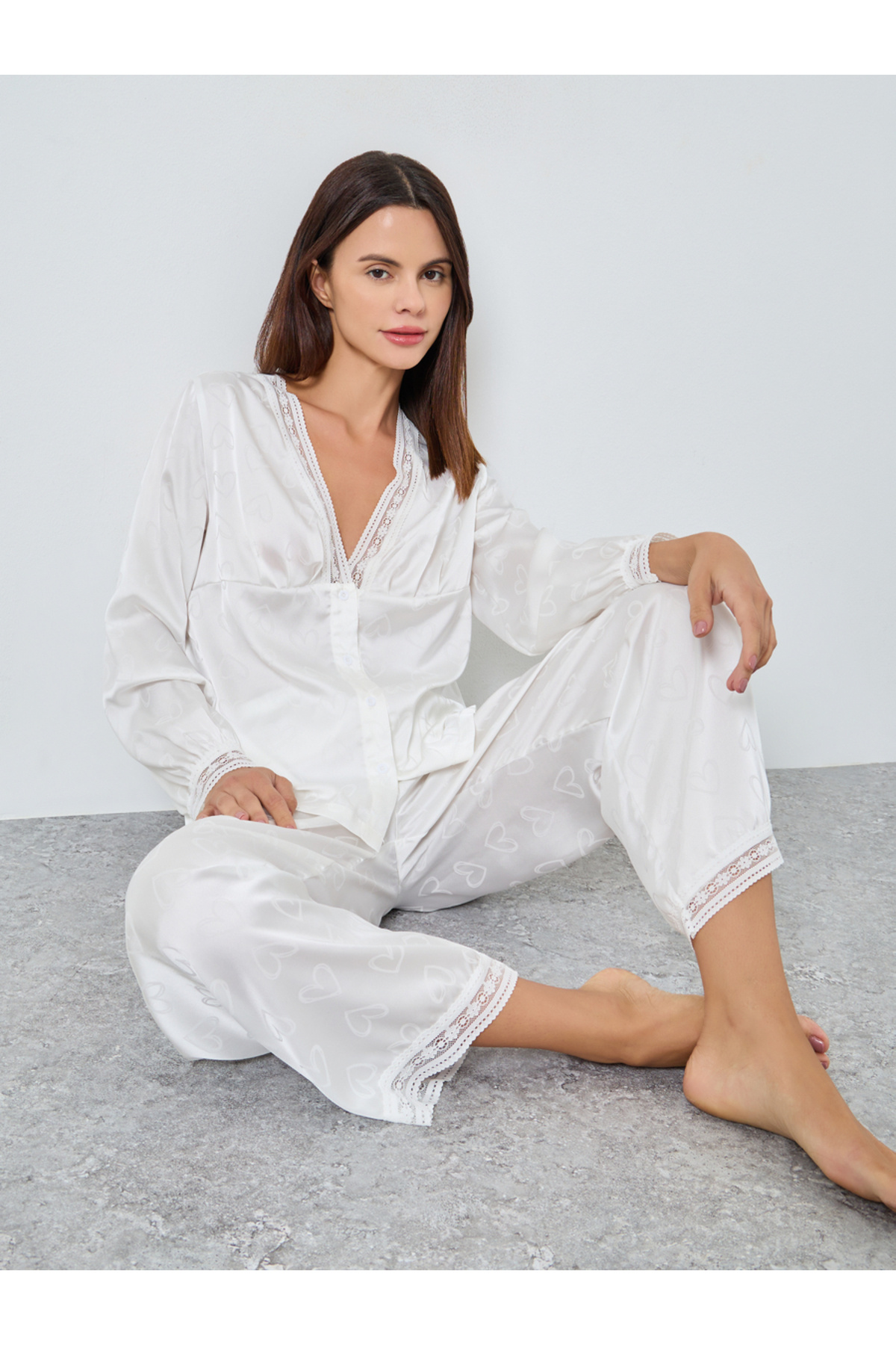Styli Satin Heart Jacquard Buttoned Shirt and Pyjama Set