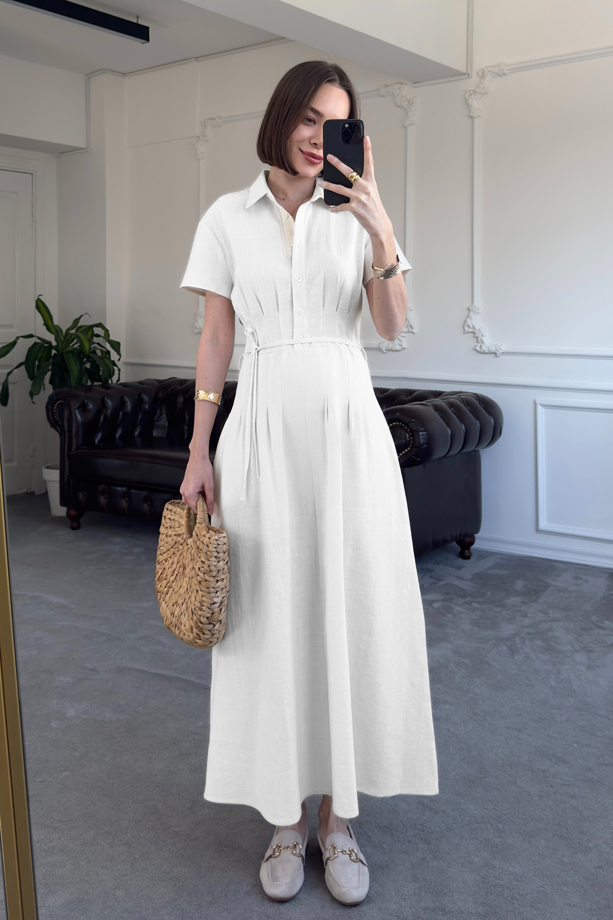 Pleated Waist Special Series Linen Dress- WHITE