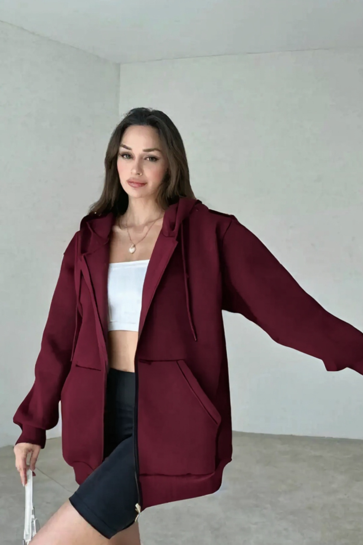 YAKAMEL Kadın 3 İplik Oversize Kapüşonlu Fermuarlı Hırka Sweatshirt görsel 2