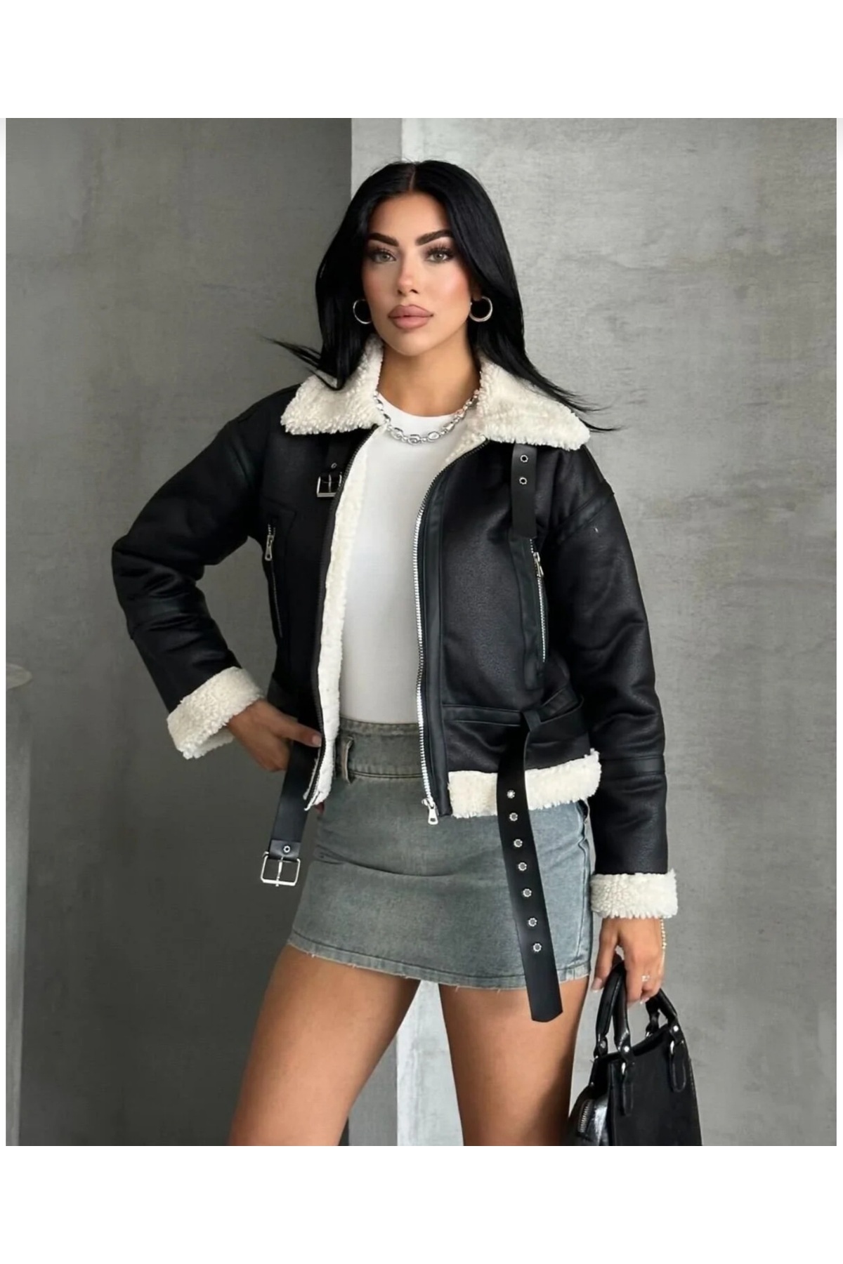 cottonage Γυναικείο δερμάτινο παλτό με ζώνη και επένδυση από γούνα