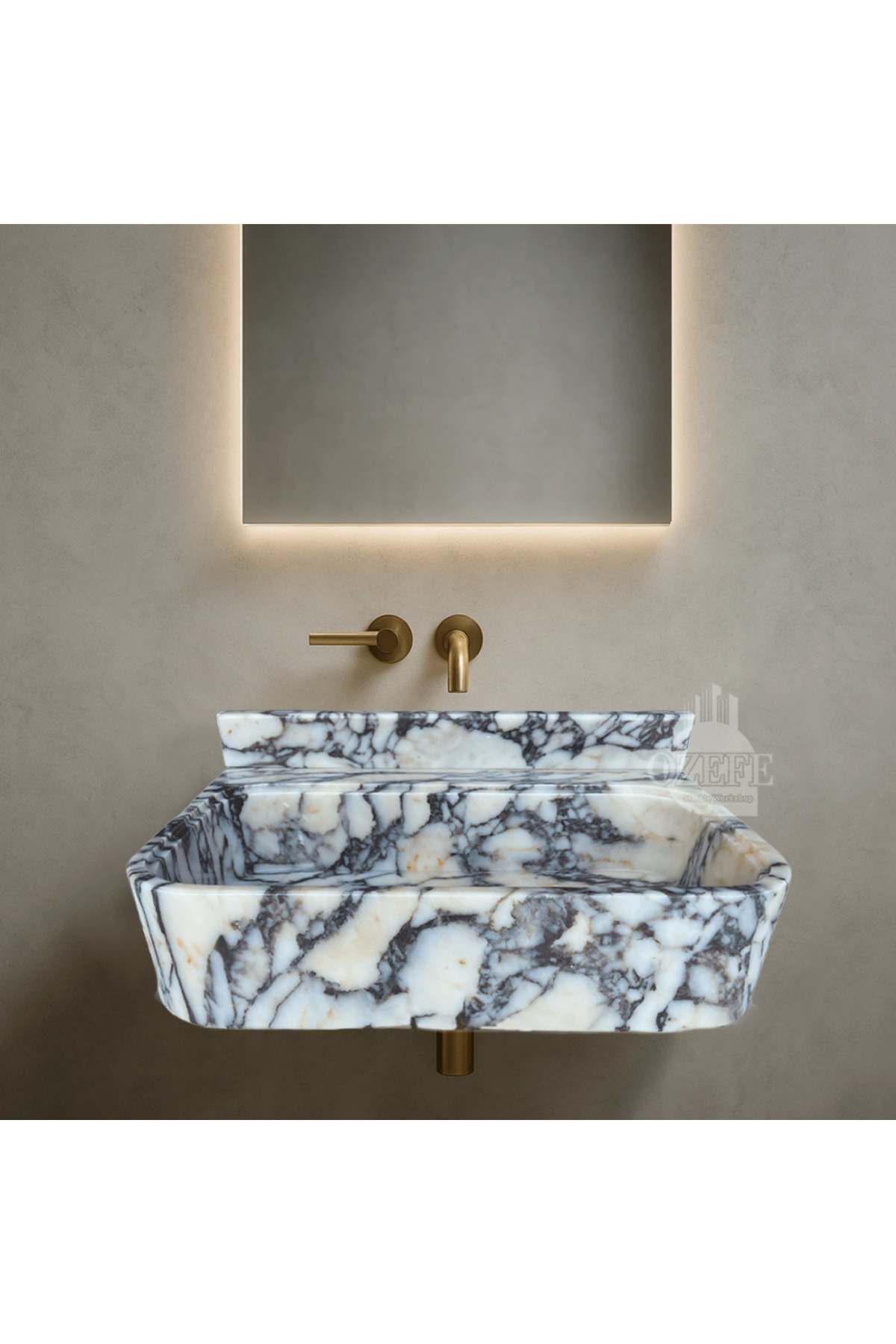 ÖZKAN Calacatta Viola Arka Yükseltili Doğal Mermer Lavabo