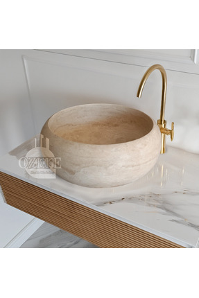 ÖZKAN Traverten Doğal Taş Teker Çanak Lavabo, Tezgah Üstü Yuvarlak Lavabo