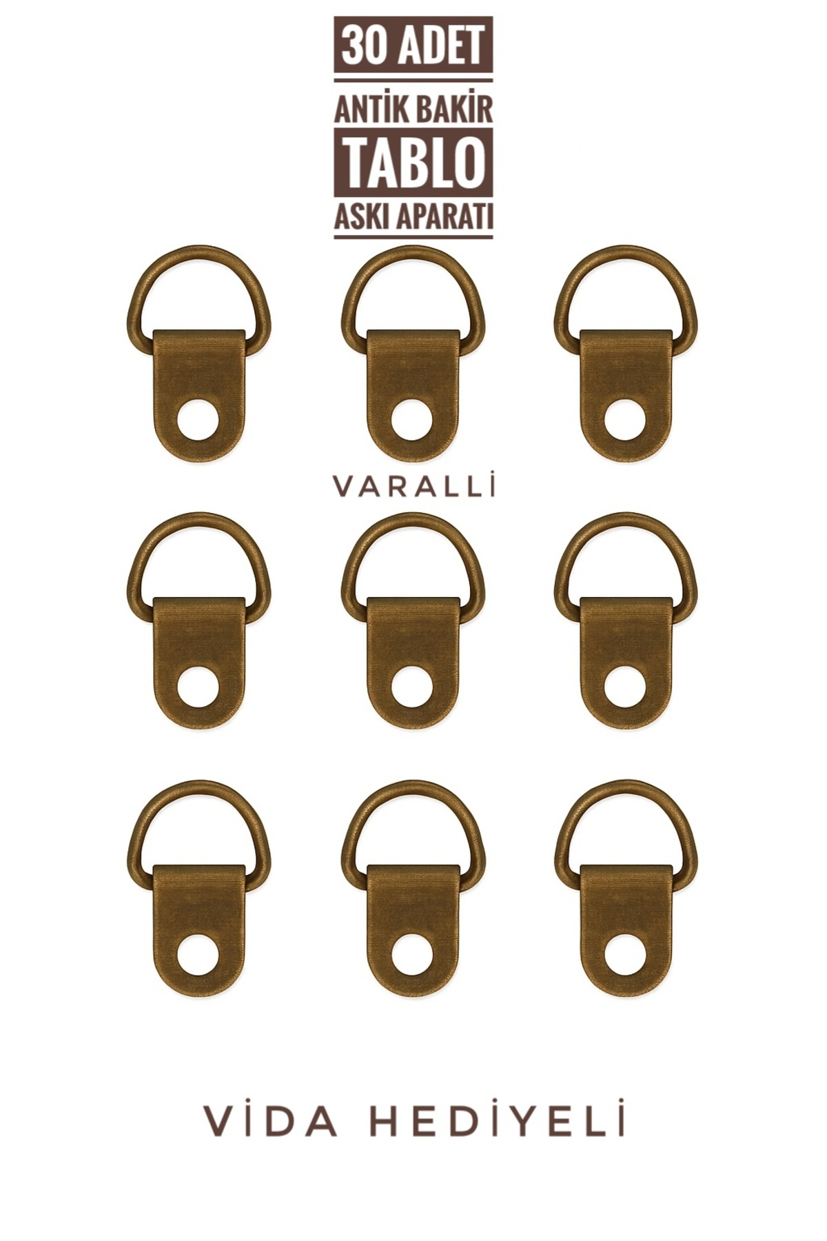 Varalli Çerçeve Askısı Vida Hediyeli 30 Adet (20x12mm) – Antik Altın Renk Metal Askı Aparatı