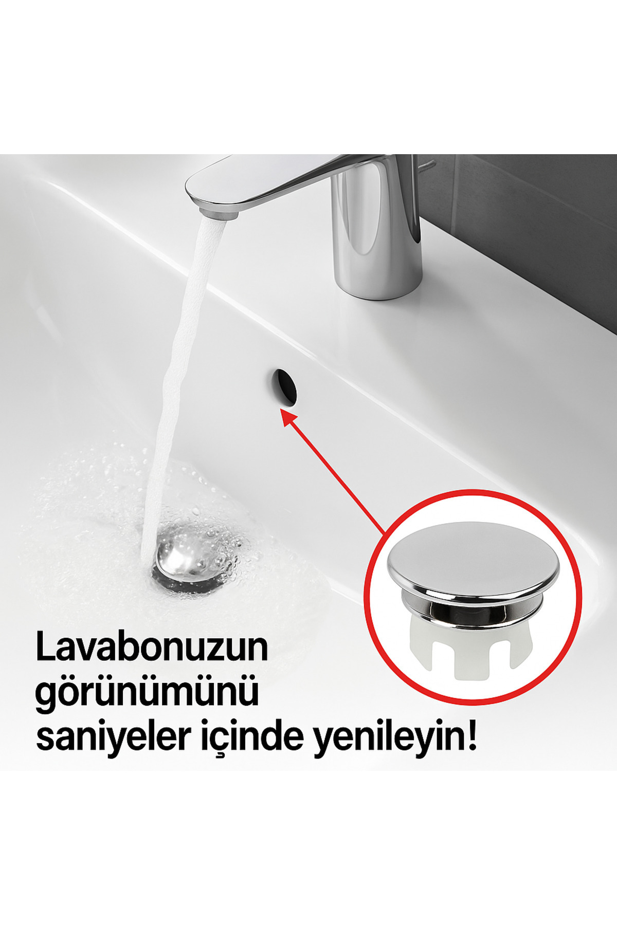 banyosepeti Önü Kapalı Lavabo Taşma Yüzüğü Kapağı – ABS Üzeri Parlak Krom – Evrensel Uyum 22–24 mm