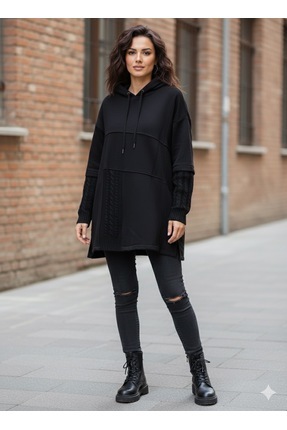 elika shop Kapüşonlu Örgü Detaylı Uzun Tunik