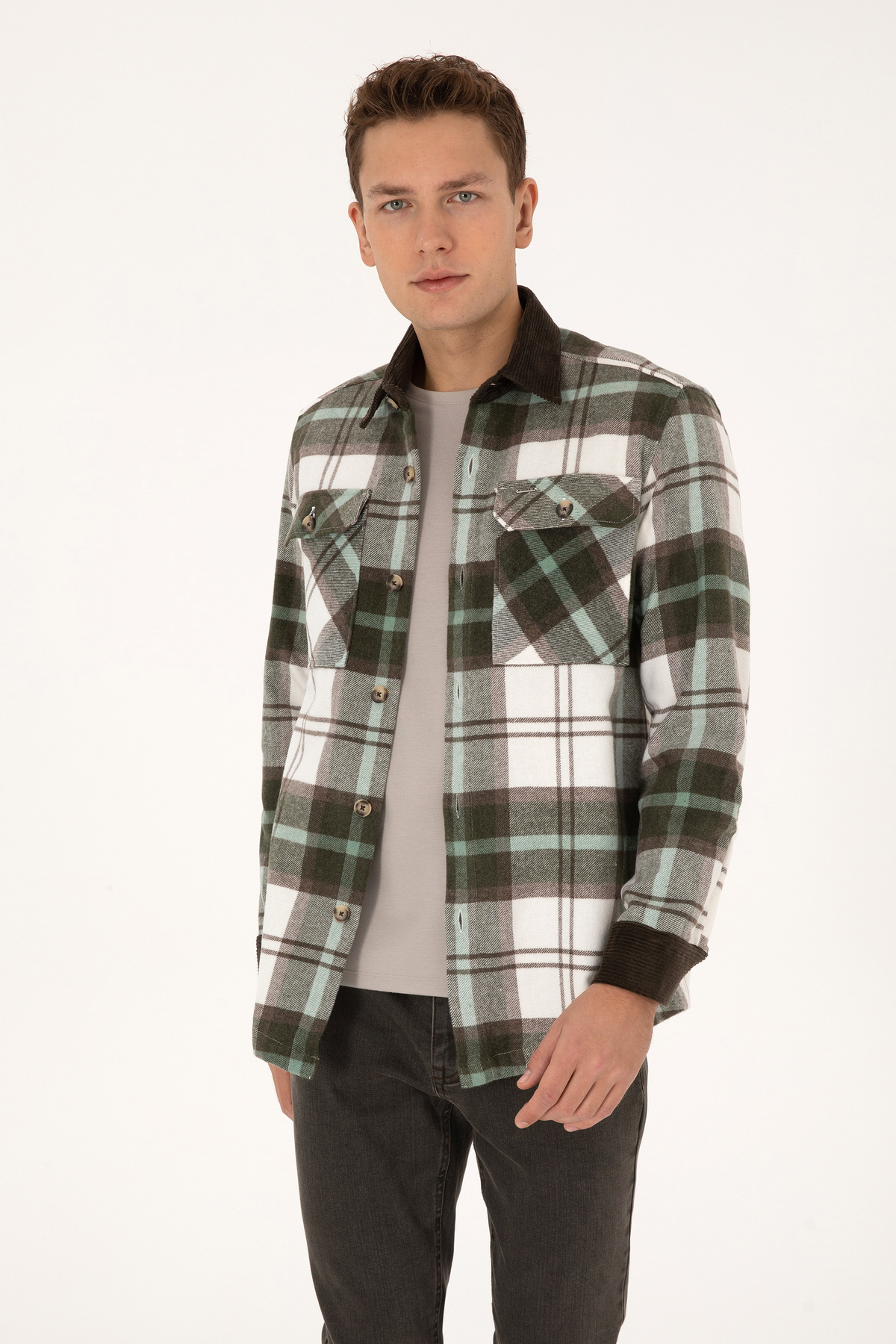 پیراهن آستین بلند خاکی روشن مردانه یو اس پولو کد :(50308257-VR183) U.S. Polo Assn.