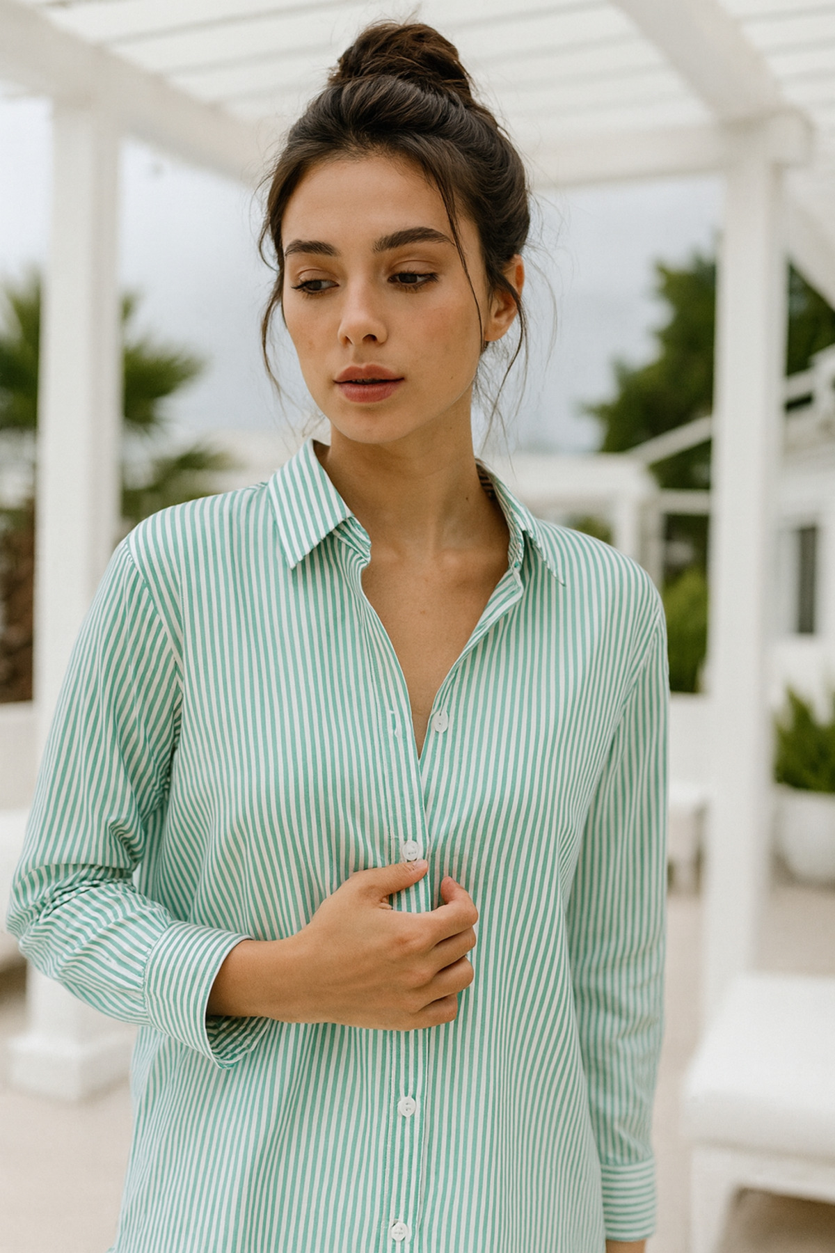 Rich  Kadın Turkuaz Çizgili Uzun Kollu Oversize Gömlek - Görsel 6