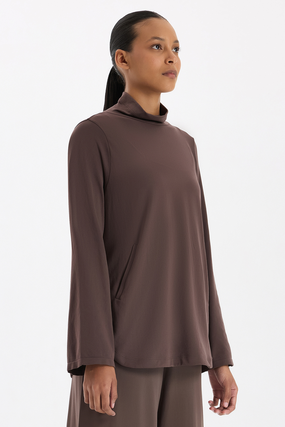 COMEUP Yüksek Yaka Cepli Uzun Kollu Hafif Sweatshirt Kakao Dansı görsel 4