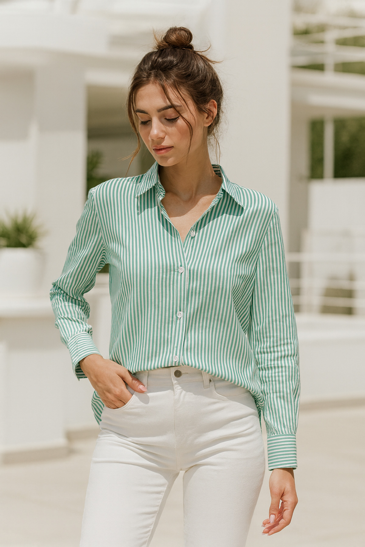 Rich  Kadın Turkuaz Çizgili Uzun Kollu Oversize Gömlek - Görsel 4