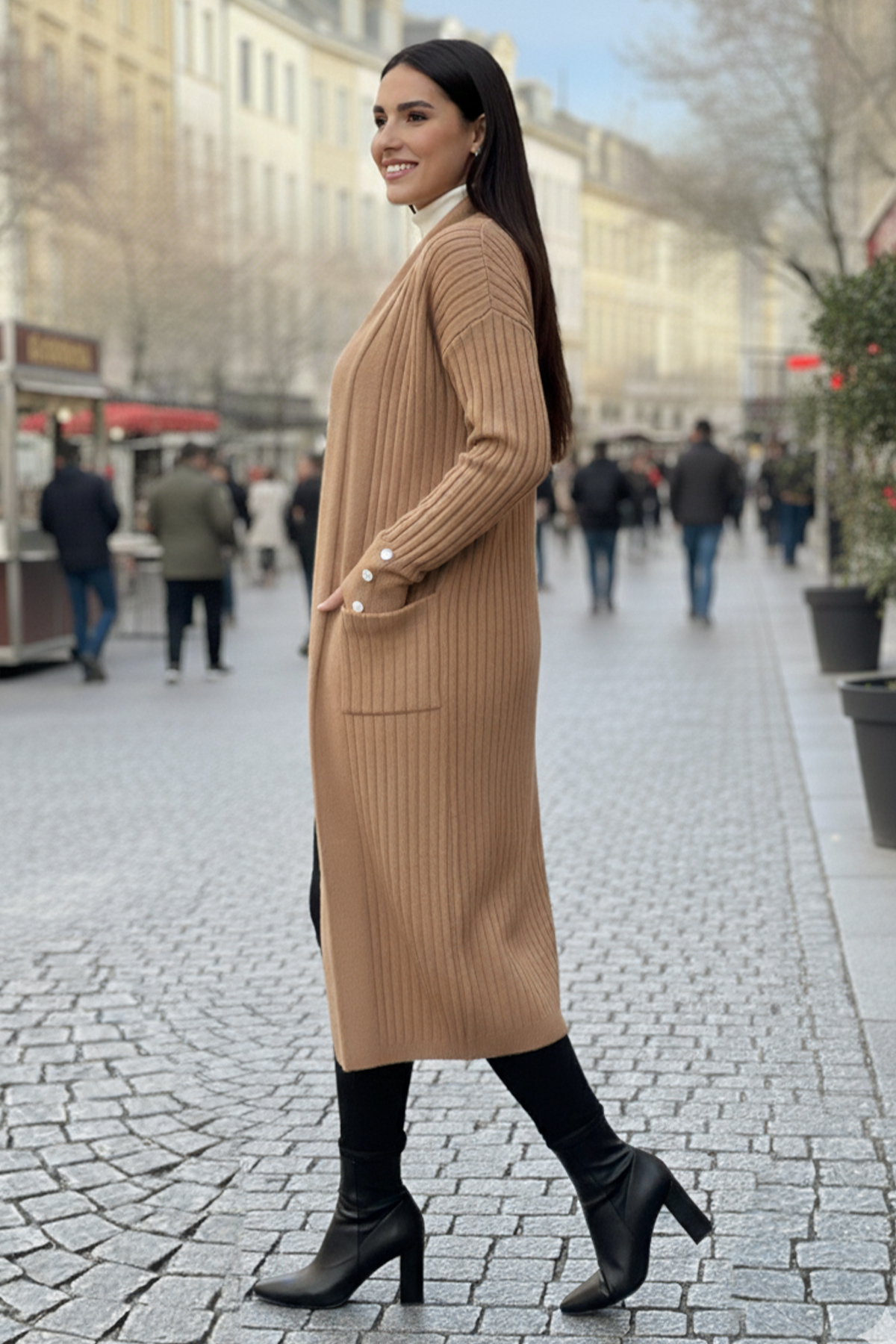 benguen  Kolu Düğmeli Fitilli Triko Hırka R7146 Vizon - Görsel 2