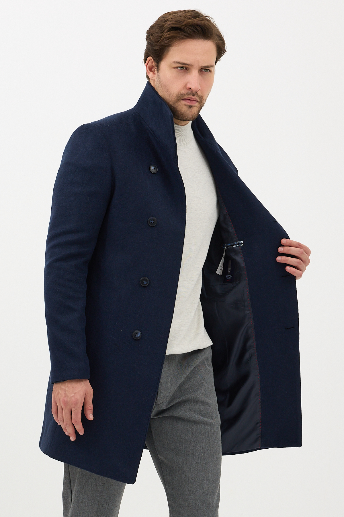 Frappoli Pagano Erkek Lacivert Şal Yaka Slim Fit Kaşe Kaban görsel 5