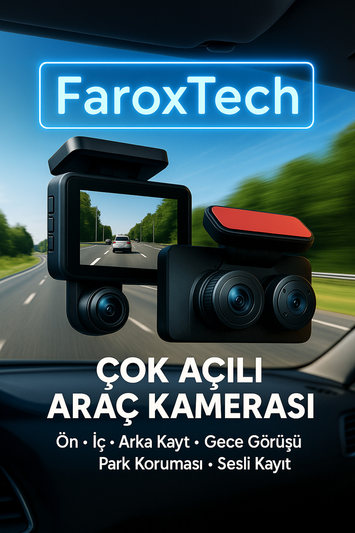 FaroxTech 3 Kameralı 1080P Full HD Araç Kamerası – Ön İç Arka Kayıt – Gece Görüşü – Arka Kamera Dahil –