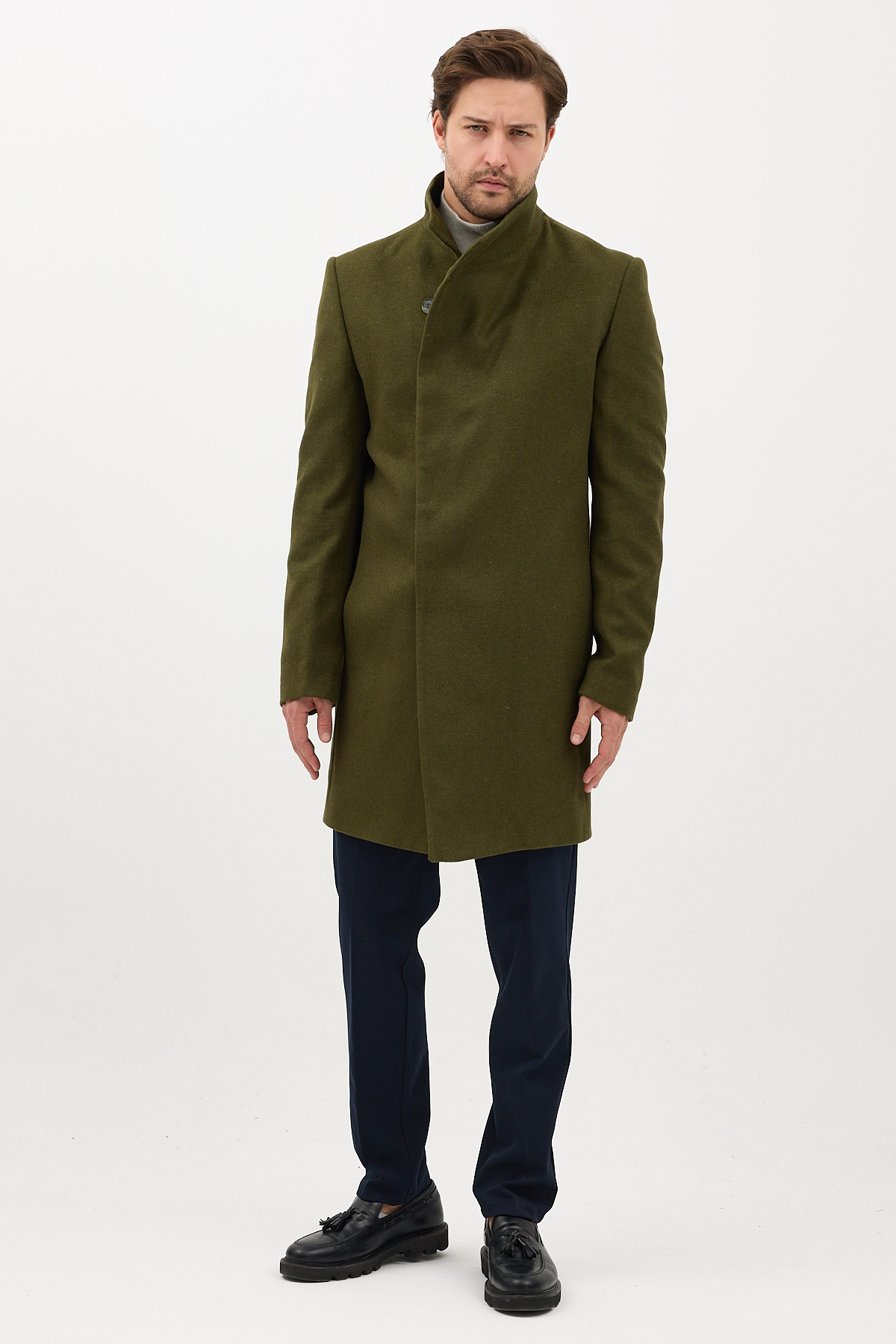 Frappoli  Pagano Erkek Haki Şal Yaka Slim Fit Kaşe Kaban - Görsel 7